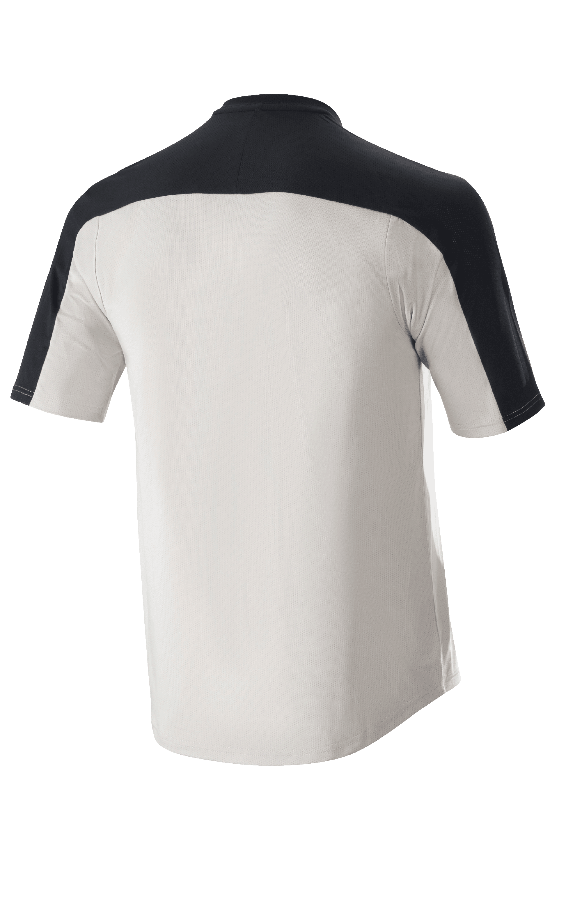Alpinestars Drop Meta Jersey - krótki rękaw, koszulka MTB, jasnoszara i czarna, widok z tyłu z czarnym karczkiem na ramionach i przedłużonym tyłem, oddychająca siateczkowa konstrukcja do jazdy w terenie