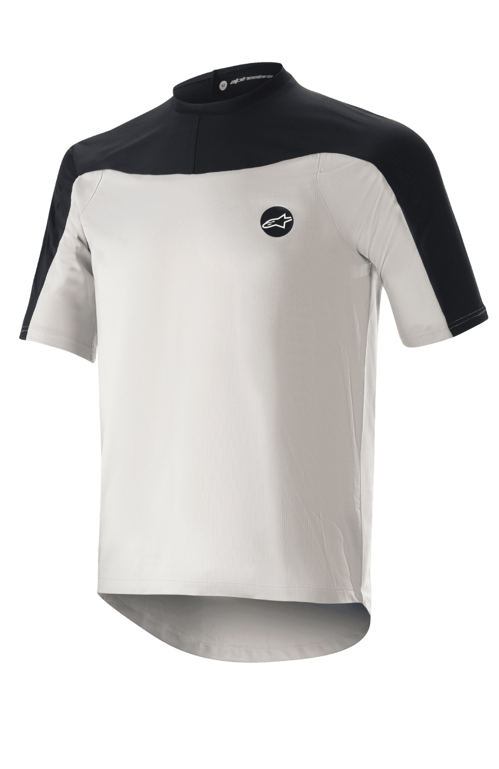Alpinestars Drop Meta Jersey z krótkim rękawem, koszulka do kolarstwa górskiego, jasnoszara i czarna, oddychająca konstrukcja z siateczki, czarny karczek na ramionach, okrągły dekolt i przedłużony tył dla lepszej osłony.
