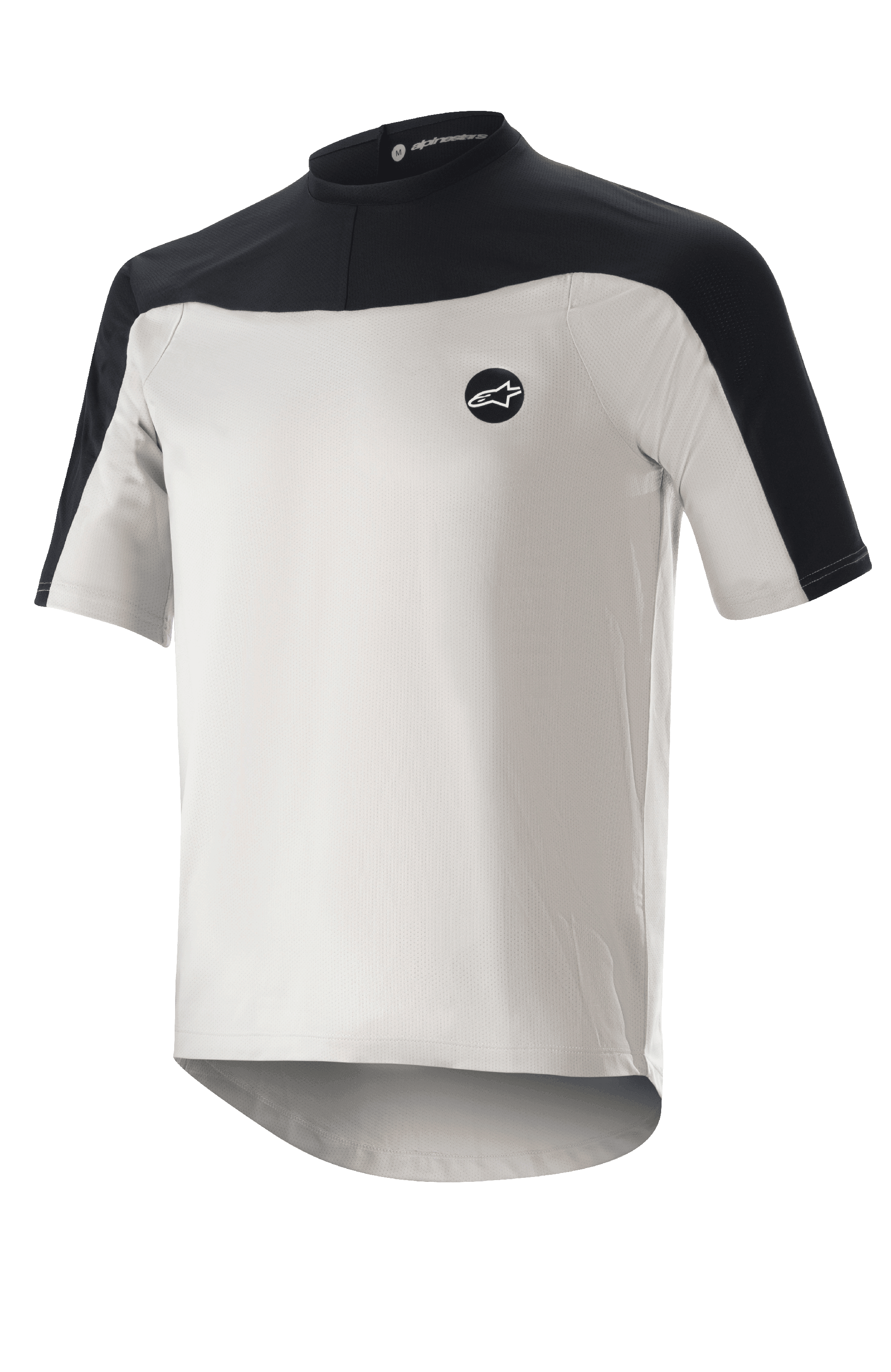 Alpinestars Drop Meta Jersey z krótkim rękawem, koszulka do kolarstwa górskiego, jasnoszara i czarna, oddychająca konstrukcja z siateczki, czarny karczek na ramionach, okrągły dekolt i przedłużony tył dla lepszej osłony.