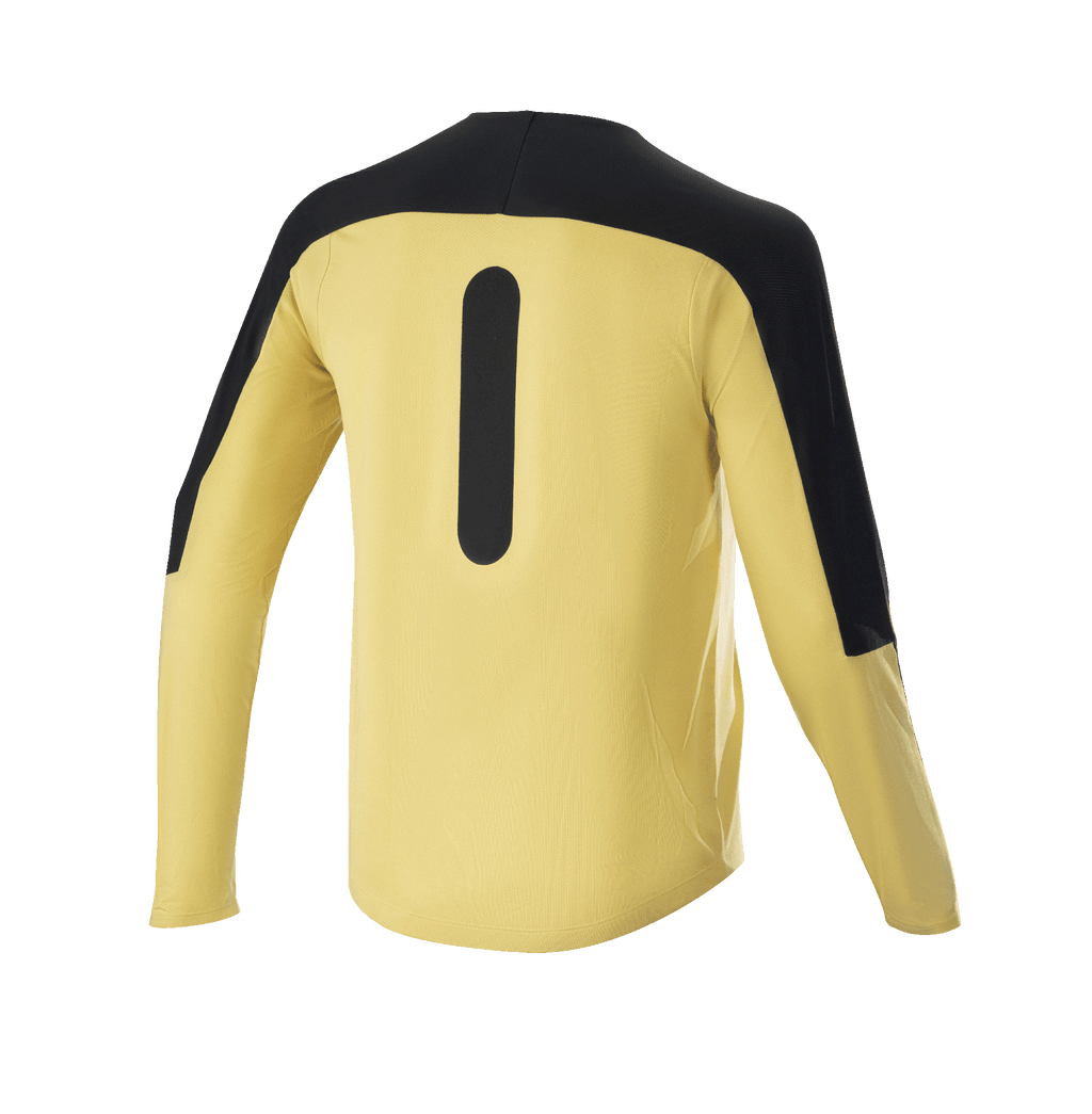 Alpinestars Drop Meta Jersey - Long Sleeve, koszulka rowerowa MTB, złota i czarna, widok z tyłu pokazujący czarne panele na ramionach i pionową grafikę, lekka siateczkowa tkanina z przedłużonym tyłem do jazdy trailowej