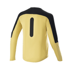Alpinestars Drop Meta Jersey - Long Sleeve, koszulka rowerowa MTB, złota i czarna, widok z tyłu pokazujący czarne panele na ramionach i pionową grafikę, lekka siateczkowa tkanina z przedłużonym tyłem do jazdy trailowej