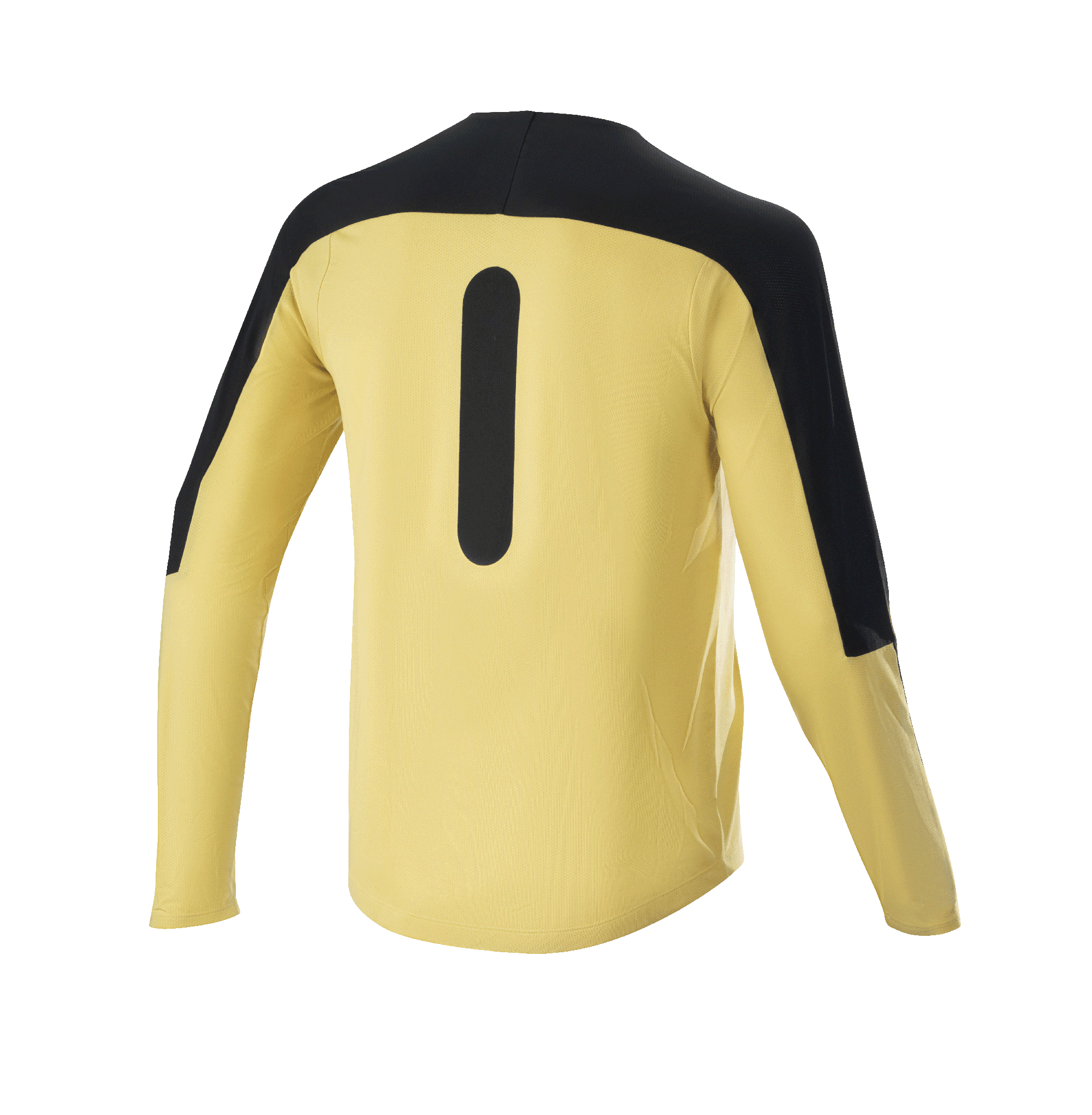 Alpinestars Drop Meta Jersey - Long Sleeve, koszulka rowerowa MTB, złota i czarna, widok z tyłu pokazujący czarne panele na ramionach i pionową grafikę, lekka siateczkowa tkanina z przedłużonym tyłem do jazdy trailowej