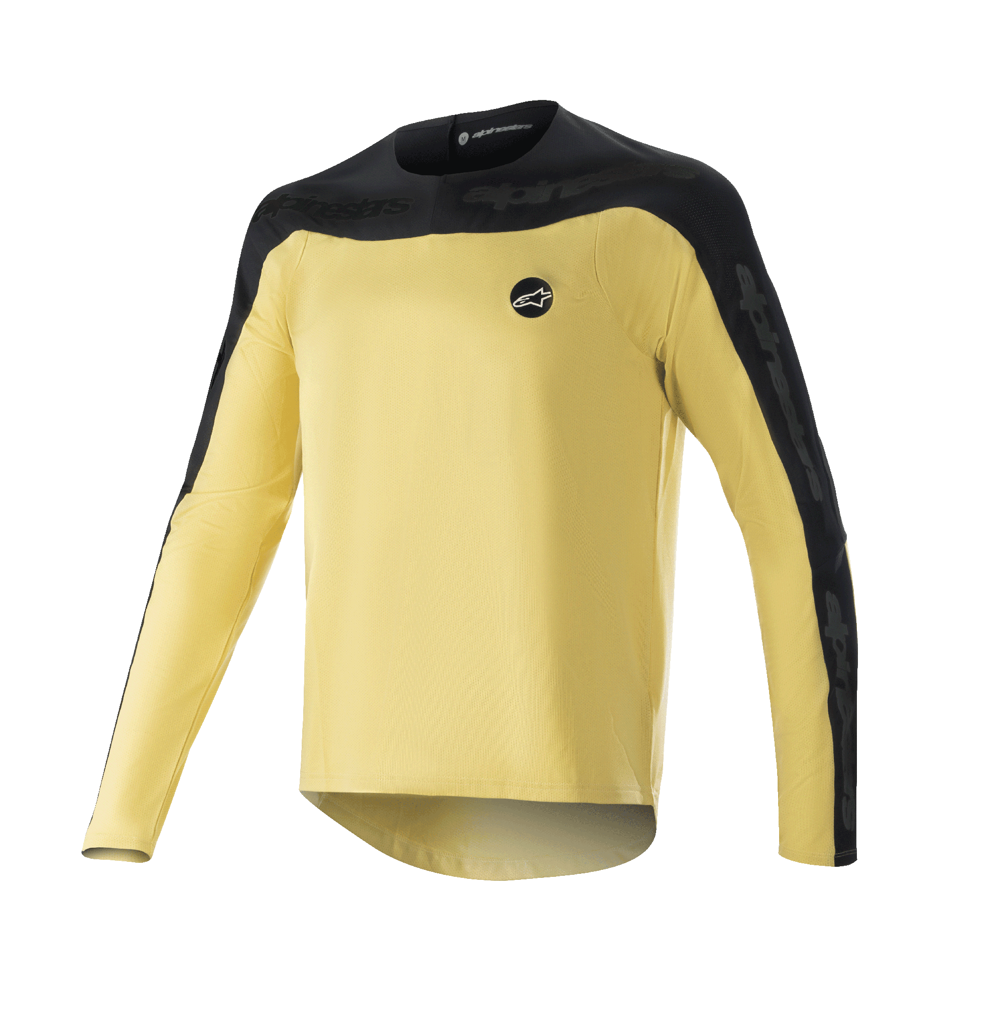 Alpinestars Drop Meta Long Sleeve Jersey, koszulka rowerowa MTB, złoto-czarna, czarny karczek na ramionach i zewnętrzne panele rękawów, małe okrągłe logo na piersi, lekka oddychająca tkanina siateczkowa, przedłużony tył
