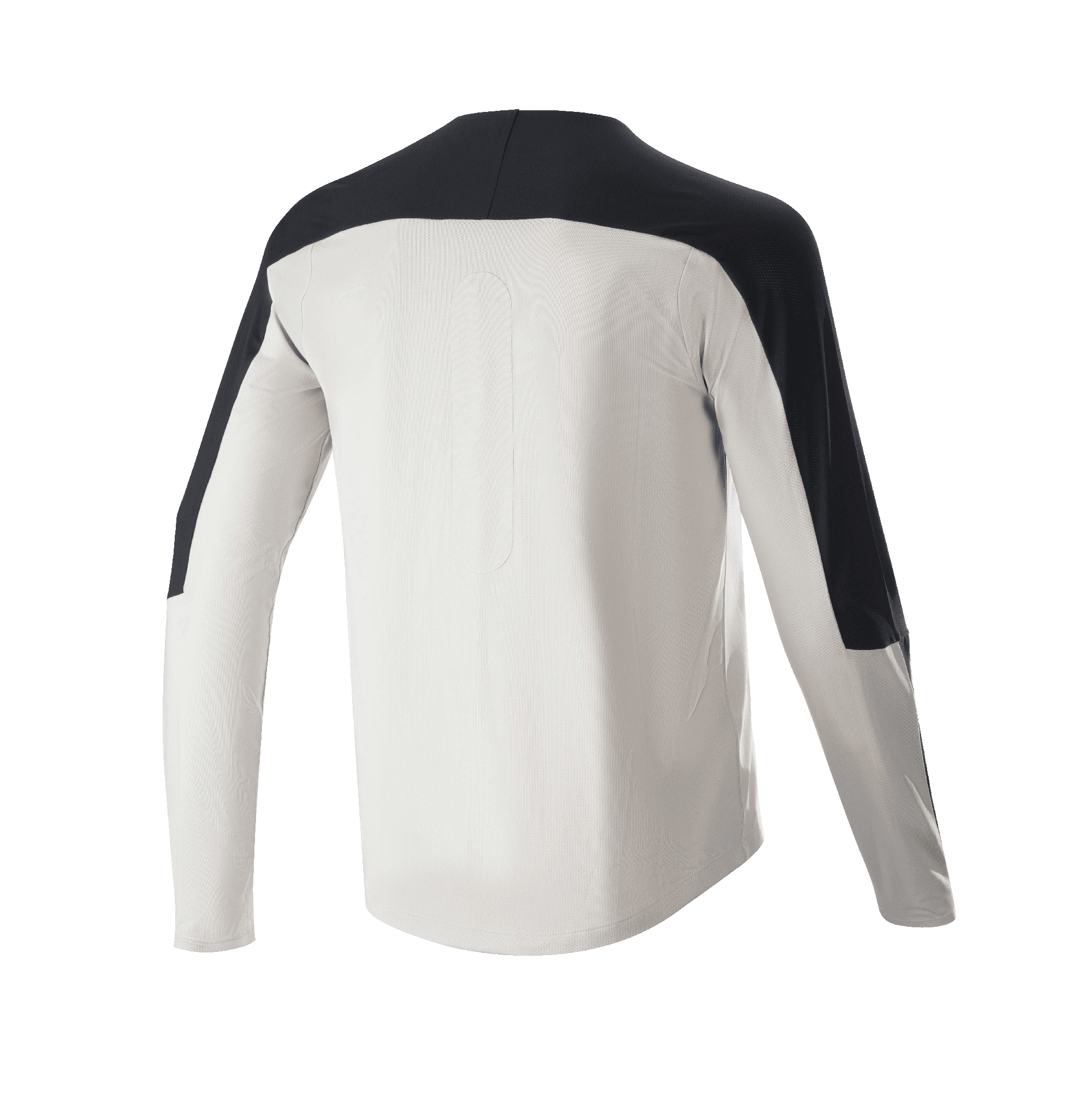 Alpinestars Drop Meta Jersey - Long Sleeve, koszulka MTB, jasnoszara z czarnymi akcentami na ramionach i rękawach, widok z tyłu pokazujący przedłużony tył, oddychająca tkanina siatkowa do jazdy terenowej