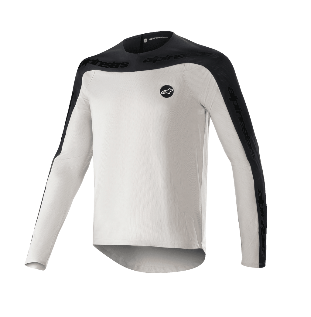 Alpinestars Drop Meta Jersey - Long Sleeve, koszulka rowerowa MTB, jasnoszara i czarna, czarny karczek na ramionach i panele na rękawach z brandingiem, przedłużony tył dla lepszej osłony, okrągłe logo na lewej piersi