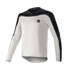 Alpinestars Drop Meta Jersey - Long Sleeve, koszulka rowerowa MTB, jasnoszara i czarna, czarny karczek na ramionach i panele na rękawach z brandingiem, przedłużony tył dla lepszej osłony, okrągłe logo na lewej piersi
