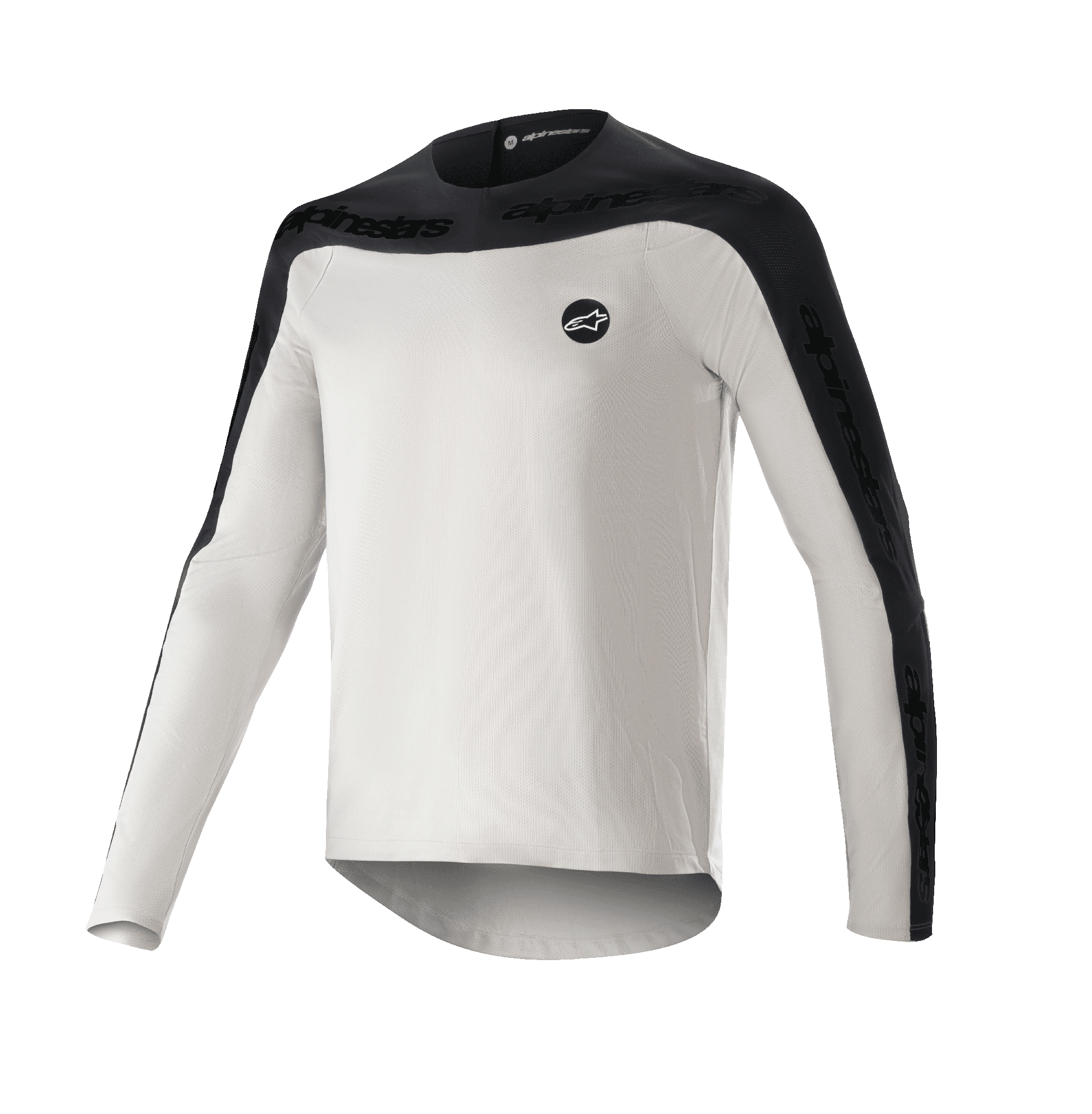 Alpinestars Drop Meta Jersey - Long Sleeve, koszulka rowerowa MTB, jasnoszara i czarna, czarny karczek na ramionach i panele na rękawach z brandingiem, przedłużony tył dla lepszej osłony, okrągłe logo na lewej piersi