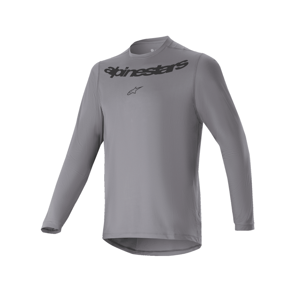 Alpinestars A-Dura Rocker Long Sleeve Jersey, koszulka rowerowa MTB z długim rękawem, ciemnoszara, z czarnym napisem Alpinestars i logo gwiazdy na piersi, przedłużony tył, profesjonalna odzież do kolarstwa górskiego