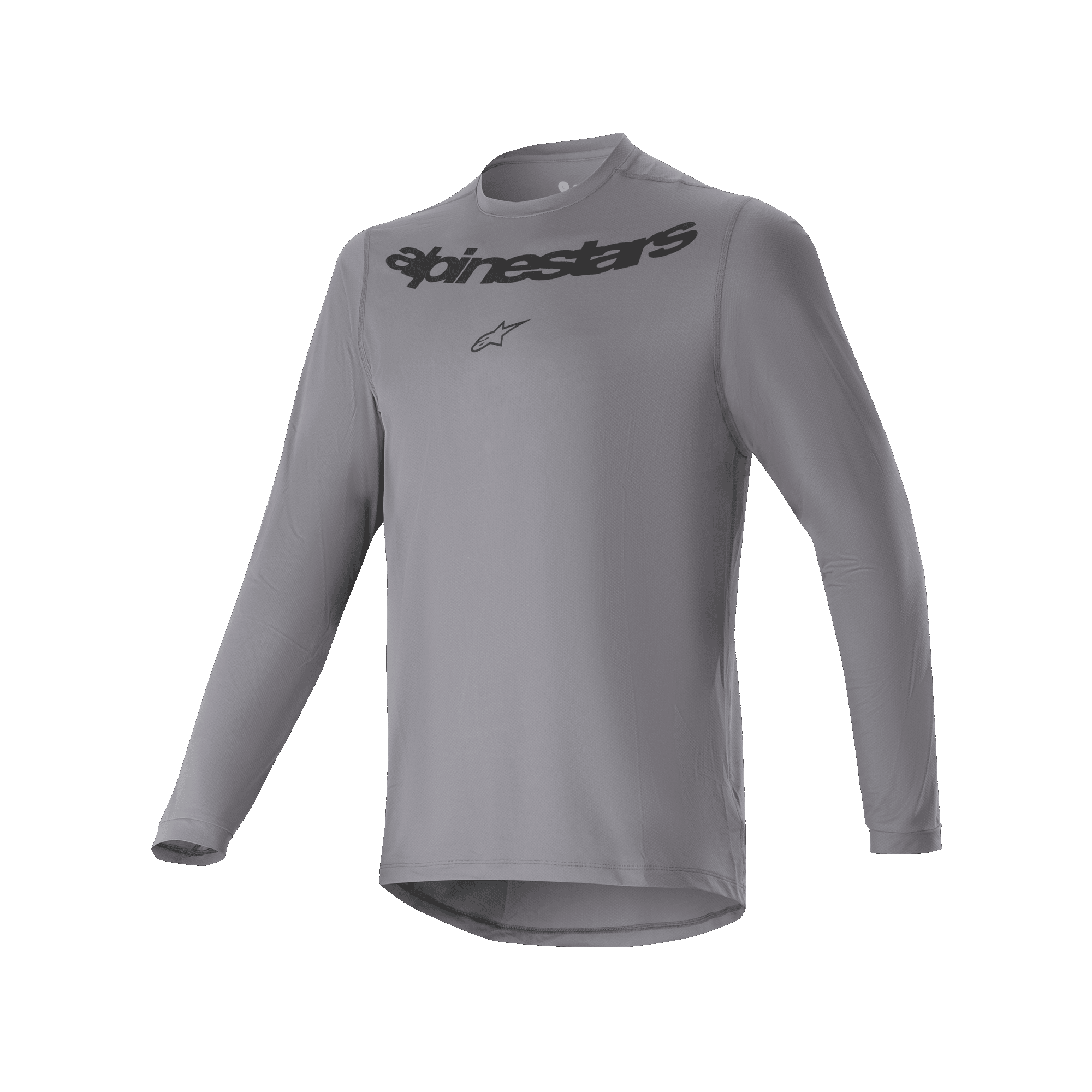 Alpinestars A-Dura Rocker Long Sleeve Jersey, koszulka rowerowa MTB z długim rękawem, ciemnoszara, z czarnym napisem Alpinestars i logo gwiazdy na piersi, przedłużony tył, profesjonalna odzież do kolarstwa górskiego