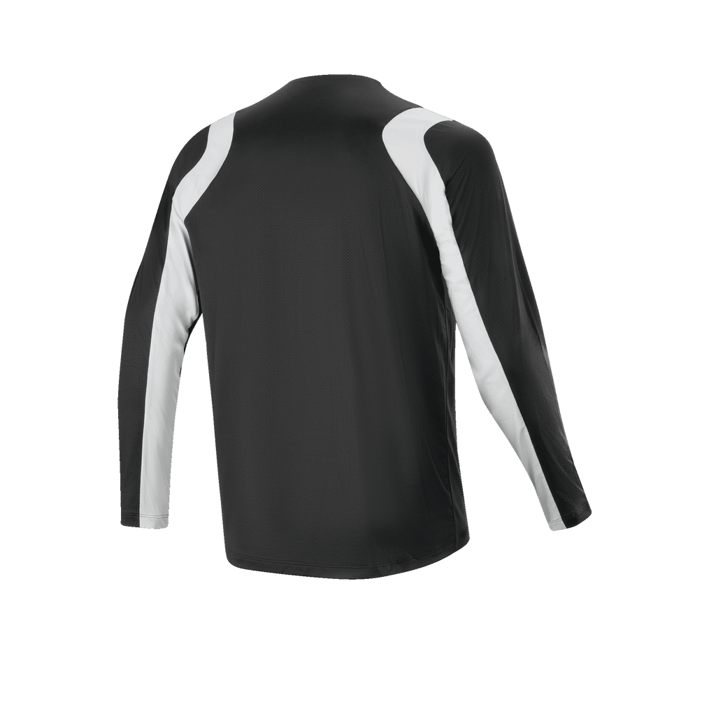 Alpinestars A-Supra Oscar Jersey - długi rękaw, czarna, widok z tyłu, z zakrzywionymi białymi panelami na ramionach i rękawach, lekka i oddychająca odzież rowerowa MTB