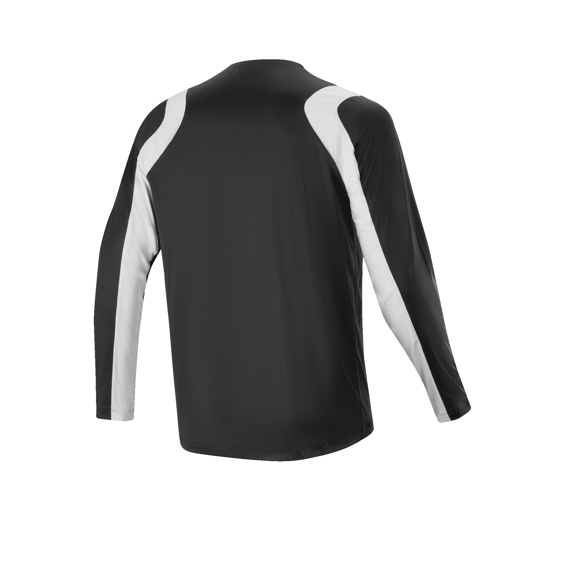 Alpinestars A-Supra Oscar Jersey - długi rękaw, czarna, widok z tyłu, z zakrzywionymi białymi panelami na ramionach i rękawach, lekka i oddychająca odzież rowerowa MTB
