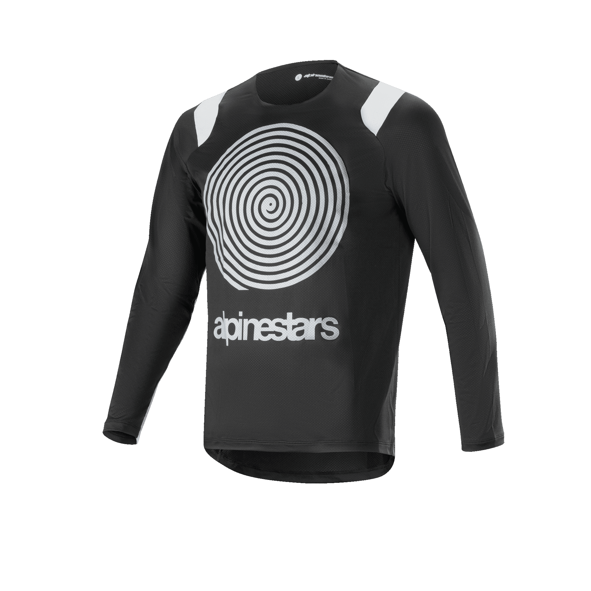 Alpinestars A-Supra Oscar Long Sleeve Jersey, czarna koszulka rowerowa z długim rękawem, z dużą białą spiralną grafiką Oscar na klatce piersiowej, białe akcenty na ramionach, logo Alpinestars, lekka i przewiewna konstrukcja do jazdy MTB gravity