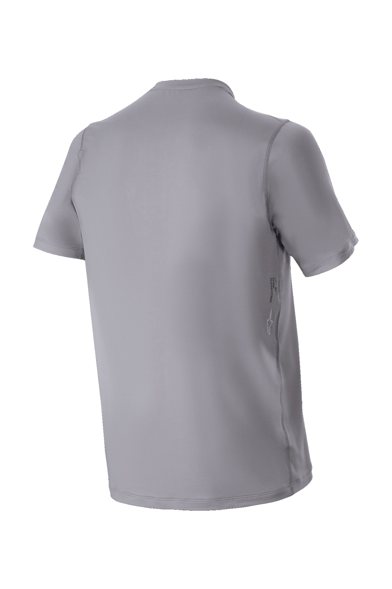 Alpinestars A-Dura Astar Short Sleeve Jersey, ciemnoszara koszulka rowerowa MTB, widok z tyłu, przedłużony tył, subtelne logo z boku, żakardowa tekstura poprawiająca wydajność podczas jazdy