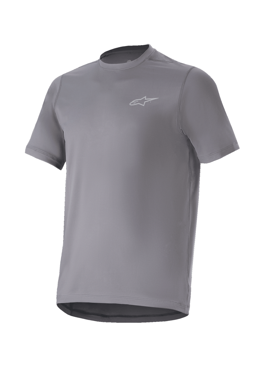 Alpinestars A-Dura Astar Jersey, koszulka rowerowa z krótkim rękawem, ciemnoszara, małe srebrne logo na piersi, okrągły dekolt i przedłużony tył, materiał odprowadzający wilgoć, jazda po szlakach MTB