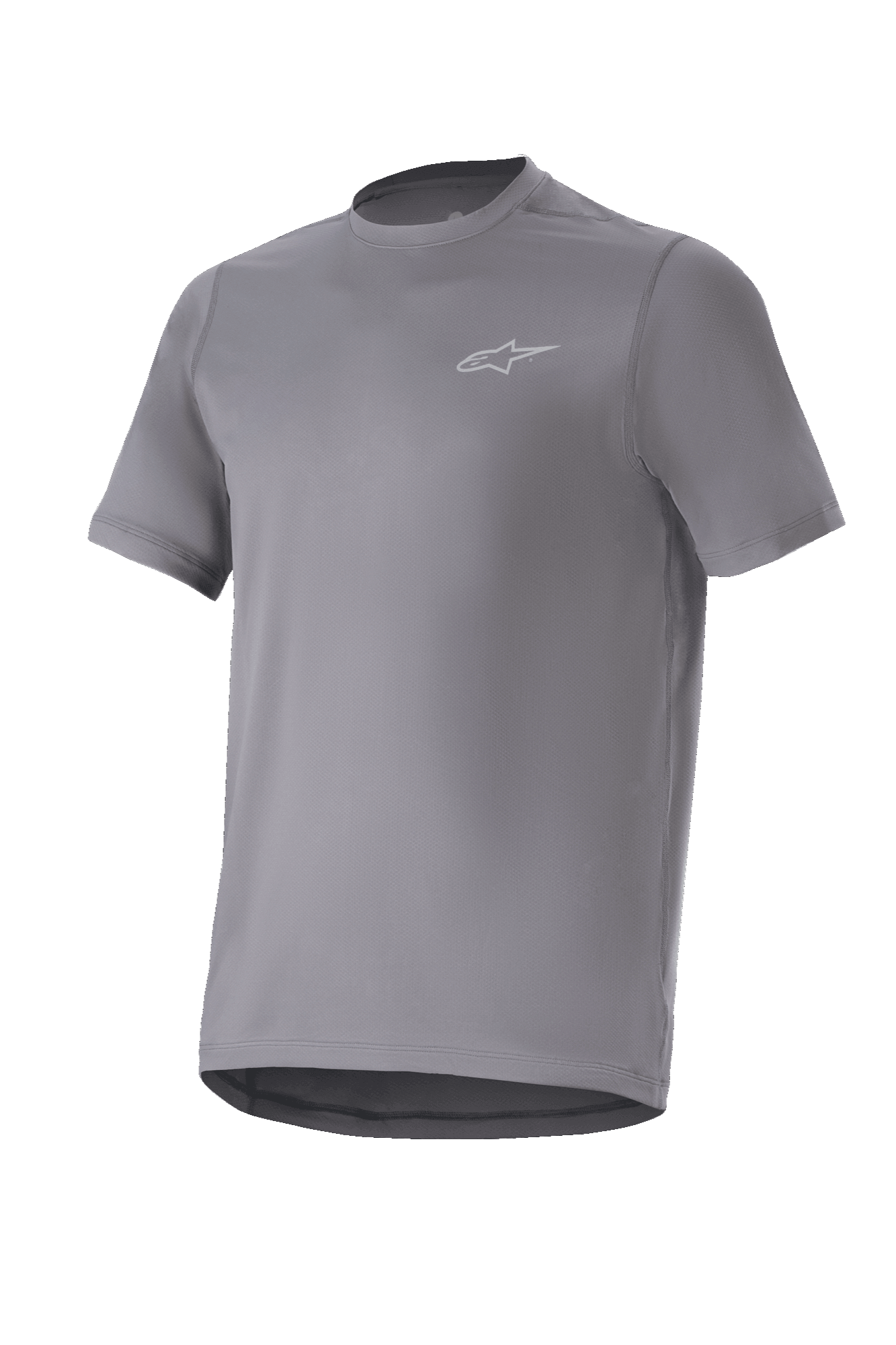 Alpinestars A-Dura Astar Jersey, koszulka rowerowa z krótkim rękawem, ciemnoszara, małe srebrne logo na piersi, okrągły dekolt i przedłużony tył, materiał odprowadzający wilgoć, jazda po szlakach MTB