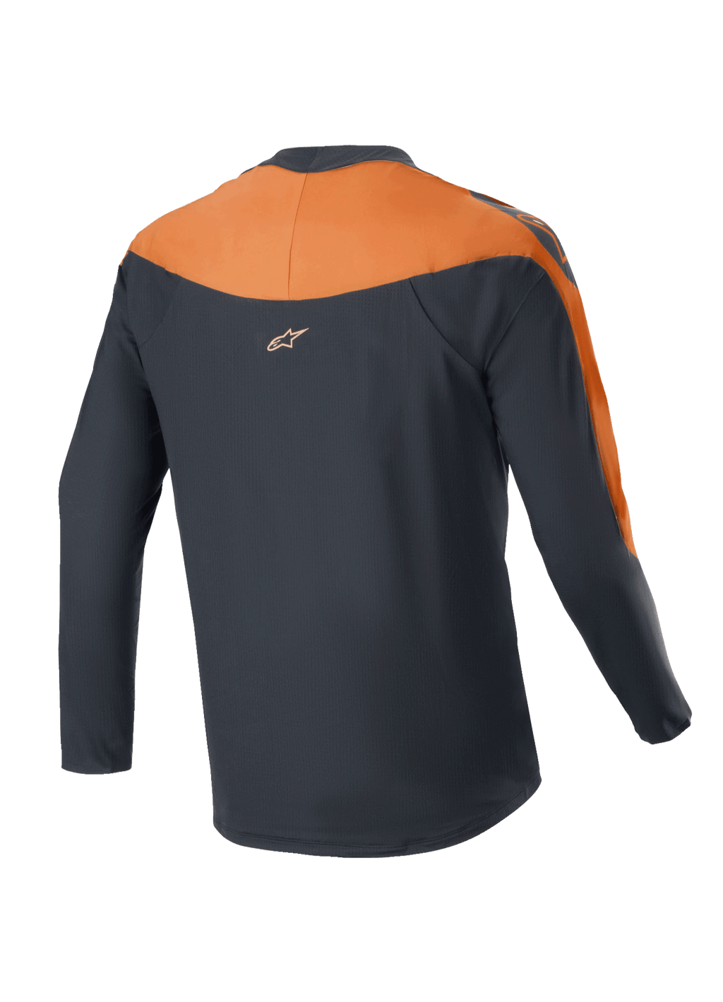 Alpinestars A-Supra Race Jersey - Long Sleeve, koszulka MTB, czarno-pomarańczowa, widok z tyłu pokazujący pomarańczowe panele na ramionach i rękawach, małe logo Alpinestars w górnej części pleców, przedłużony tył zapewniający osłonę podczas jazdy na rowerze
