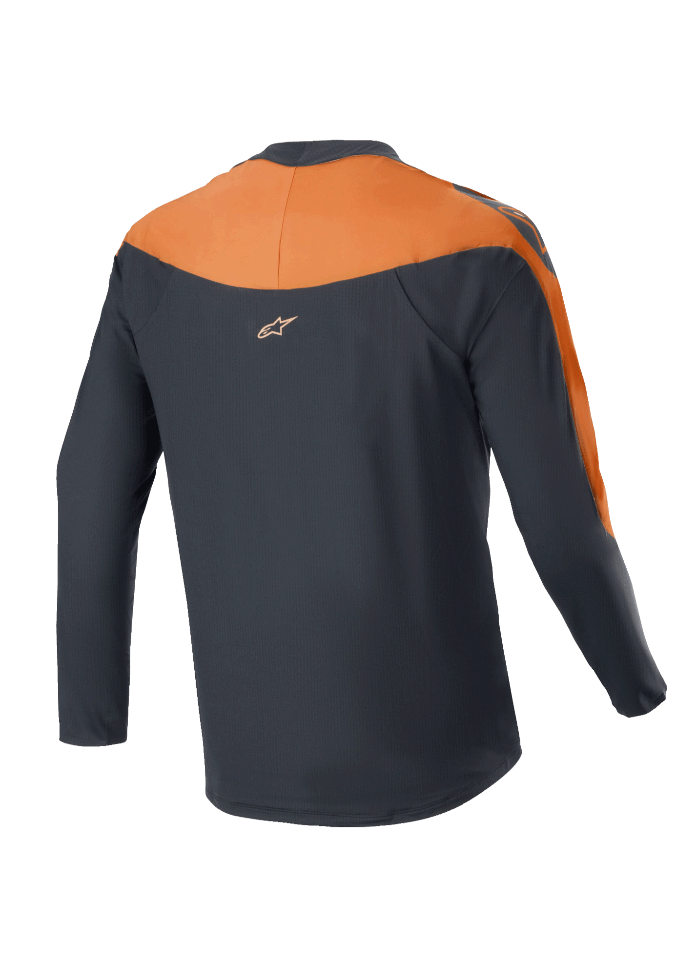 Alpinestars A-Supra Race Jersey - Long Sleeve, koszulka MTB, czarno-pomarańczowa, widok z tyłu pokazujący pomarańczowe panele na ramionach i rękawach, małe logo Alpinestars w górnej części pleców, przedłużony tył zapewniający osłonę podczas jazdy na rowerze