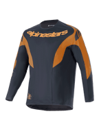 Koszulka Alpinestars A-Supra Race, koszulka MTB z długim rękawem, czarna z pomarańczowymi akcentami, wyraźne logo Alpinestars na klatce piersiowej i ramionach, mikroperforowany materiał poliestrowy, design inspirowany wyścigami