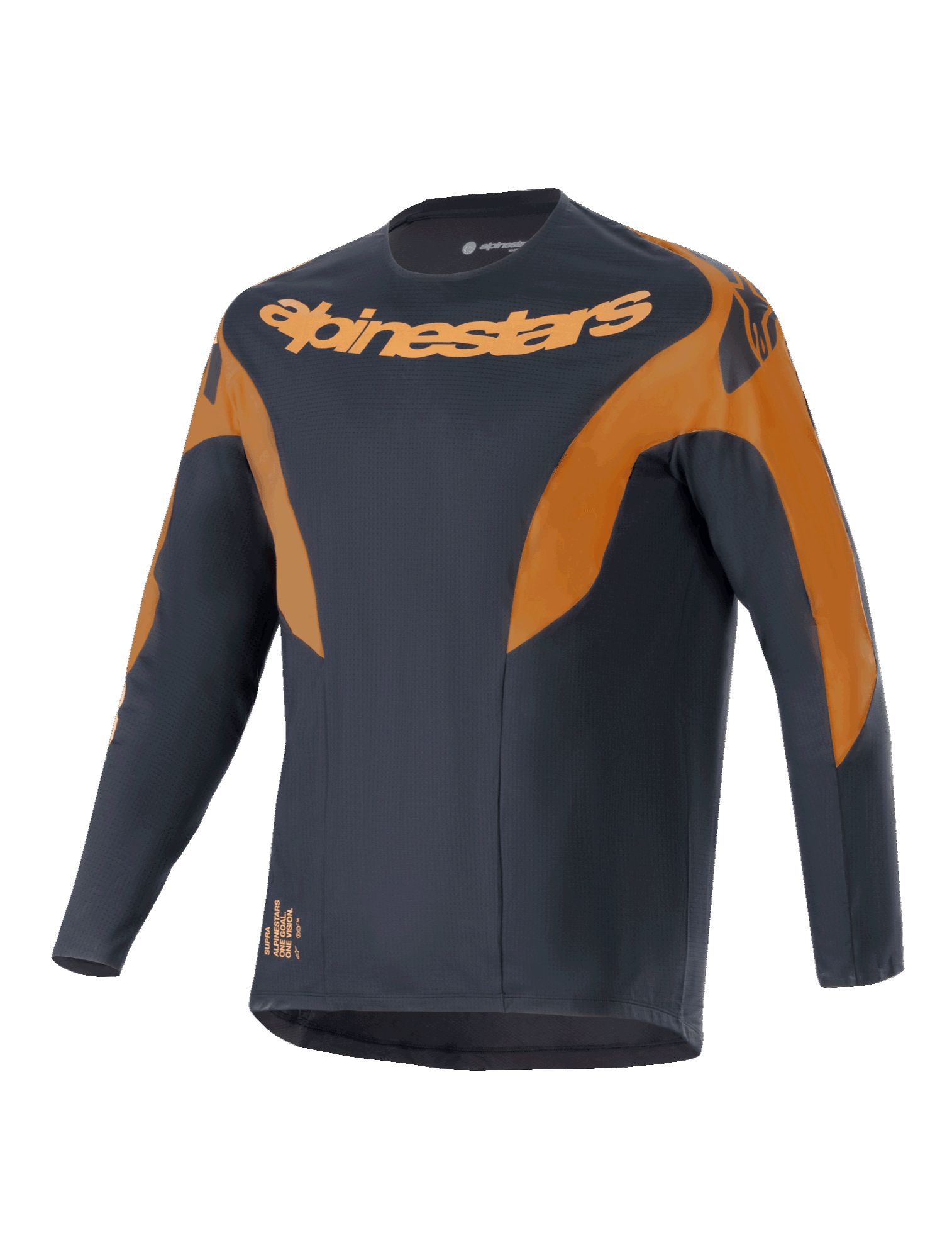 Koszulka Alpinestars A-Supra Race, koszulka MTB z długim rękawem, czarna z pomarańczowymi akcentami, wyraźne logo Alpinestars na klatce piersiowej i ramionach, mikroperforowany materiał poliestrowy, design inspirowany wyścigami