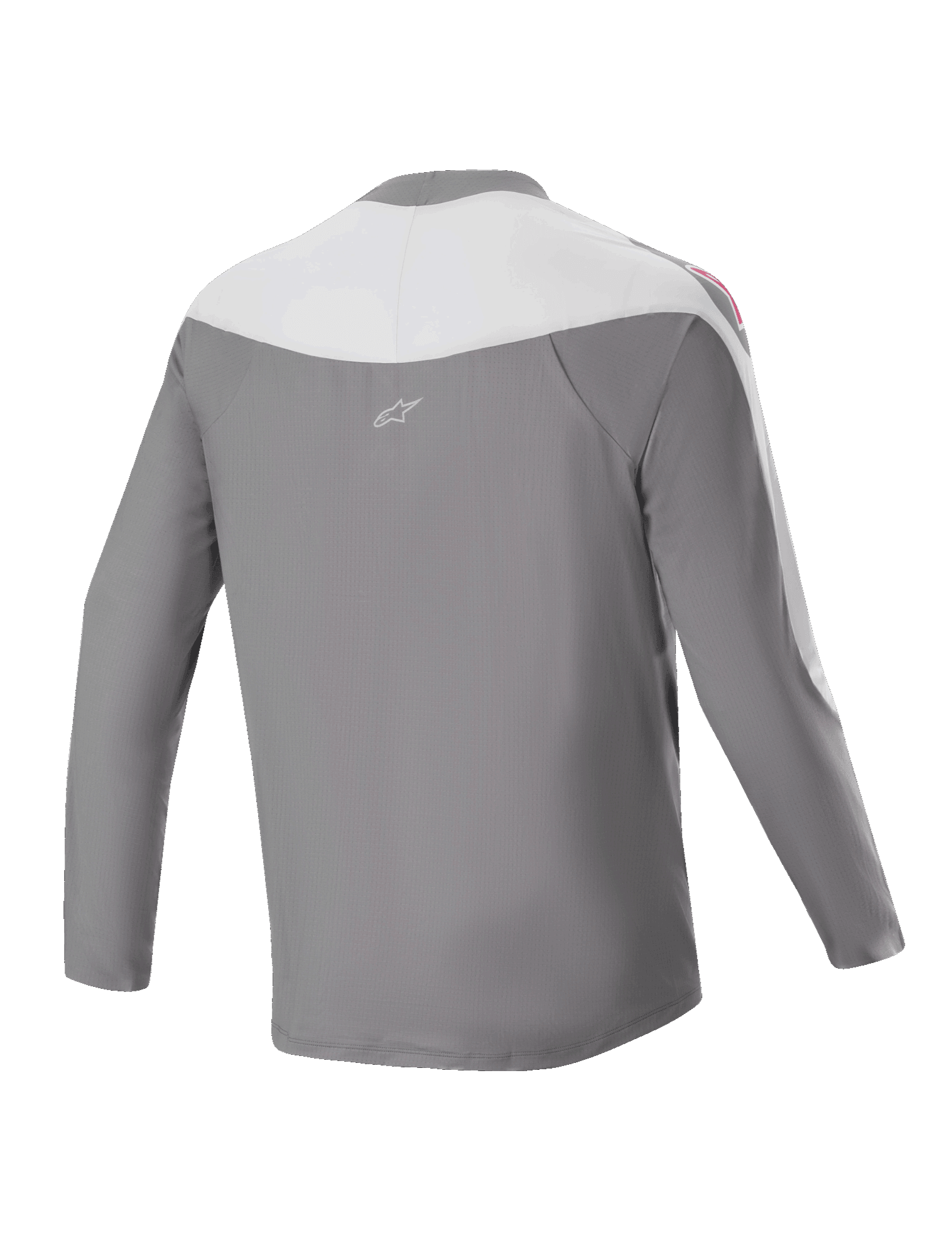 Alpinestars A-Supra Race Jersey - Long Sleeve, koszulka MTB, ciemnoszara i biała, widok z tyłu z małym logo gwiazdy, czerwona grafika na ramionach, sportowy krój do wyścigów terenowych
