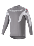 Alpinestars A-Supra Race Jersey, koszulka MTB z długim rękawem, ciemnoszara z białymi panelami, białe logo Alpinestars na klatce piersiowej i czerwone gwiazdy na ramionach, techniczny mikroperforowany materiał, przedłużony tył do jazdy terenowej