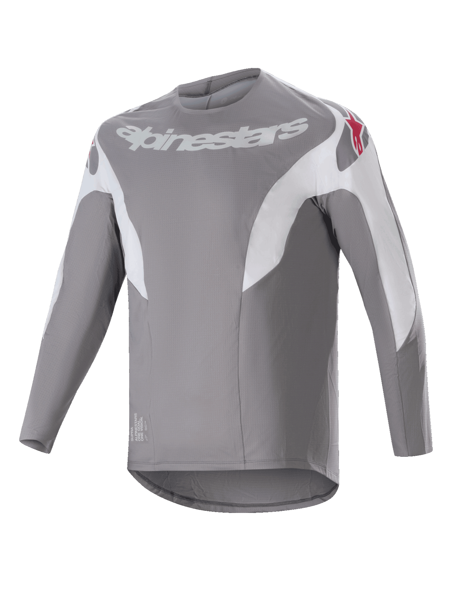 Alpinestars A-Supra Race Jersey, koszulka MTB z długim rękawem, ciemnoszara z białymi panelami, białe logo Alpinestars na klatce piersiowej i czerwone gwiazdy na ramionach, techniczny mikroperforowany materiał, przedłużony tył do jazdy terenowej