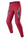 Alpinestars A-Supra Race Pants, spodnie rowerowe MTB, burgundowe z dużymi biało-czarnymi logo w kształcie gwiazd na udach, laserowo perforowana wentylacja, czarne zapięcie zapadkowe w pasie, sportowy krój dopasowany do jazdy górskiej