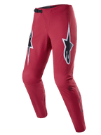 Alpinestars A-Supra Race Pants, spodnie rowerowe MTB, burgundowe z dużymi biało-czarnymi logo w kształcie gwiazd na udach, laserowo perforowana wentylacja, czarne zapięcie zapadkowe w pasie, sportowy krój dopasowany do jazdy górskiej