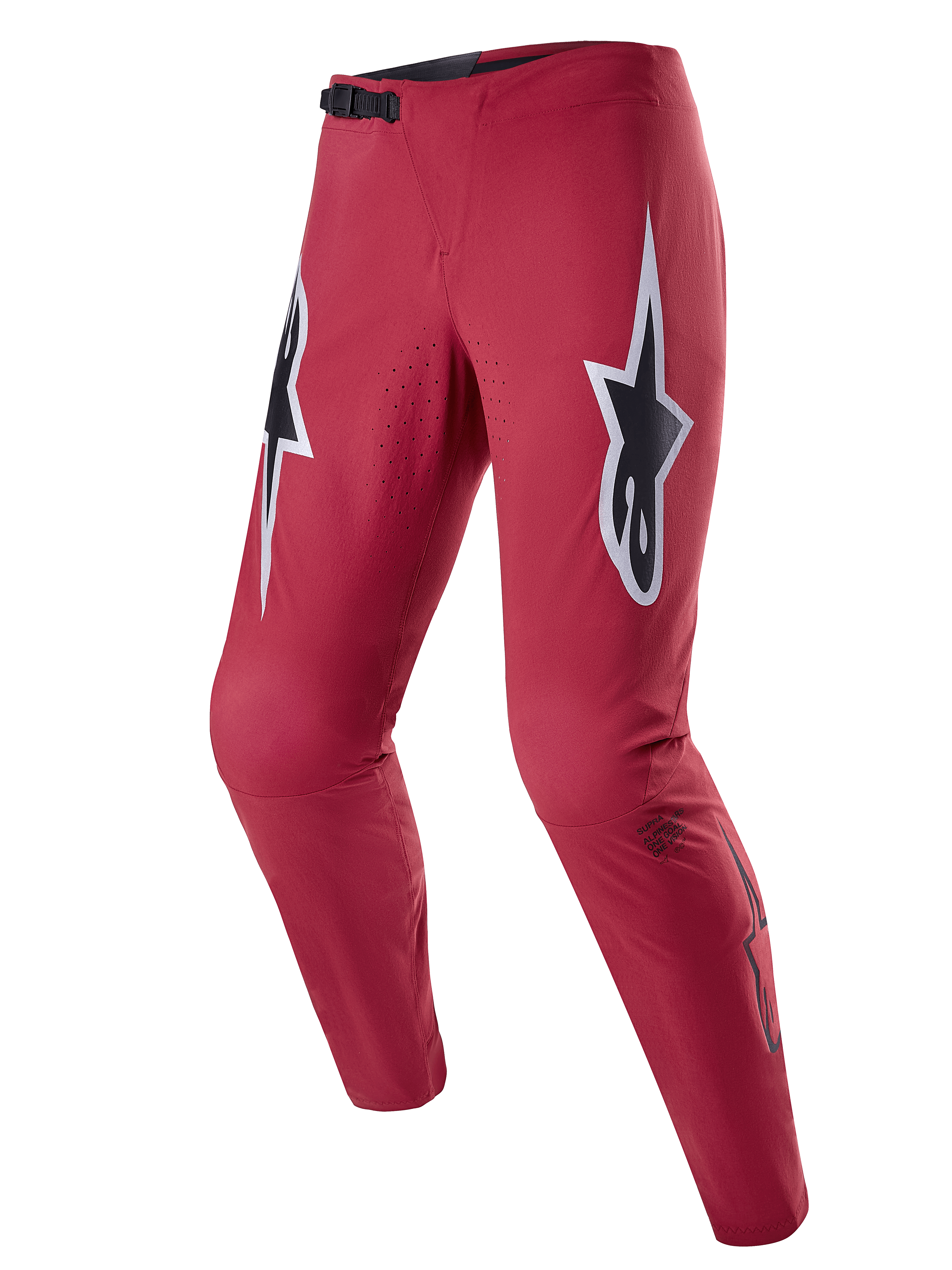 Alpinestars A-Supra Race Pants, spodnie rowerowe MTB, burgundowe z dużymi biało-czarnymi logo w kształcie gwiazd na udach, laserowo perforowana wentylacja, czarne zapięcie zapadkowe w pasie, sportowy krój dopasowany do jazdy górskiej