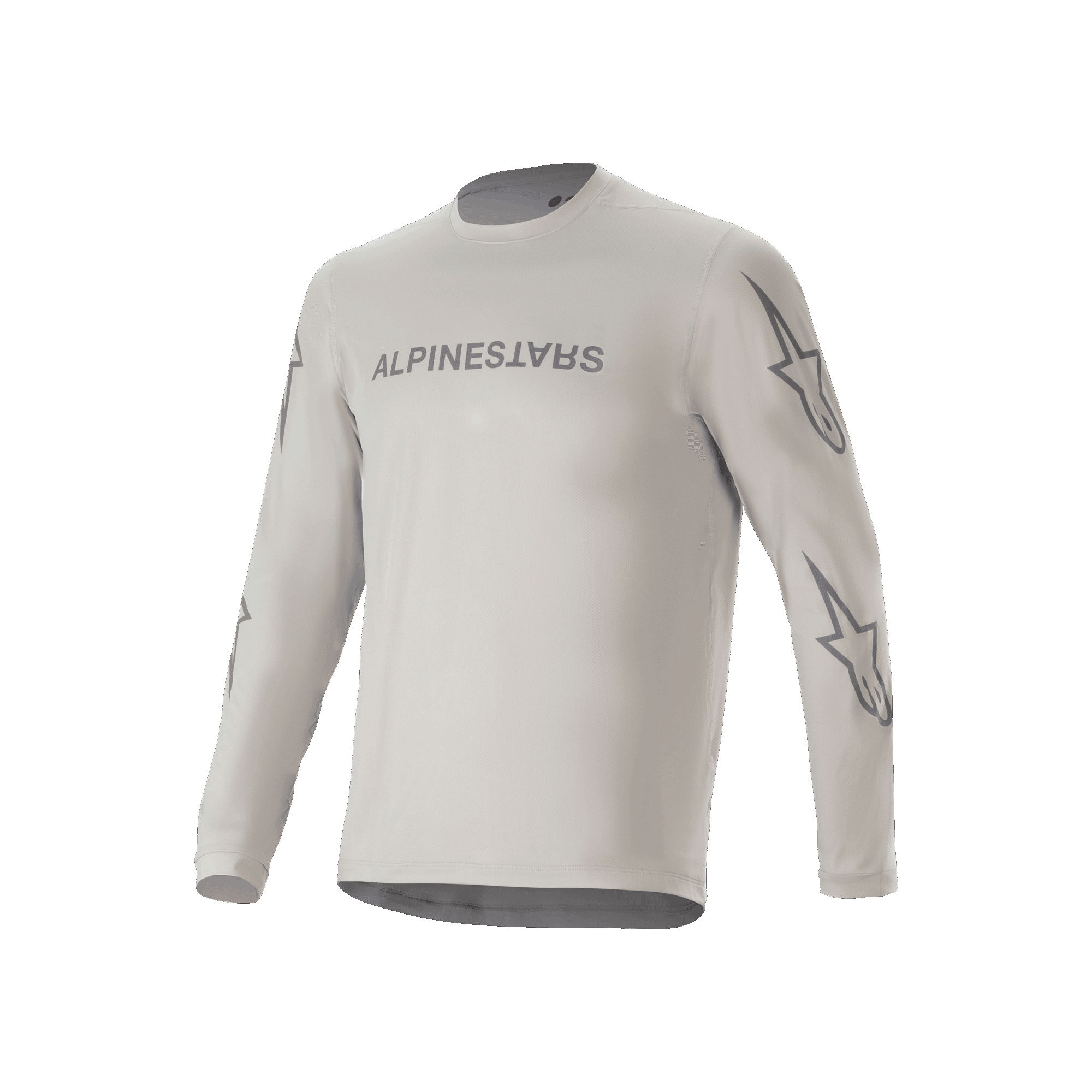 Koszulka Alpinestars A-Dura Switch Long Sleeve Jersey, jasnoszara koszulka rowerowa MTB, napis na klatce piersiowej i logo gwiazdy na rękawach, odzież rowerowa do jazdy po szlakach