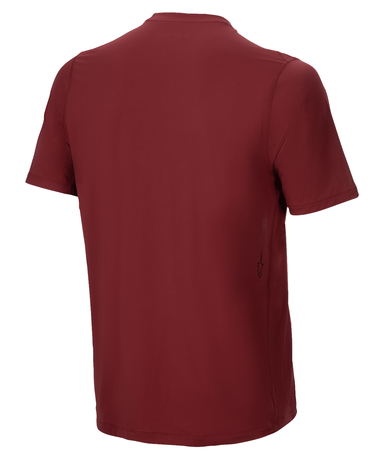Alpinestars A-Dura Switch Short Sleeve Jersey, bordowa koszulka rowerowa, widok z tyłu, przedłużony tył i małe pionowe logo Alpinestars na dole z boku, odzież rowerowa MTB