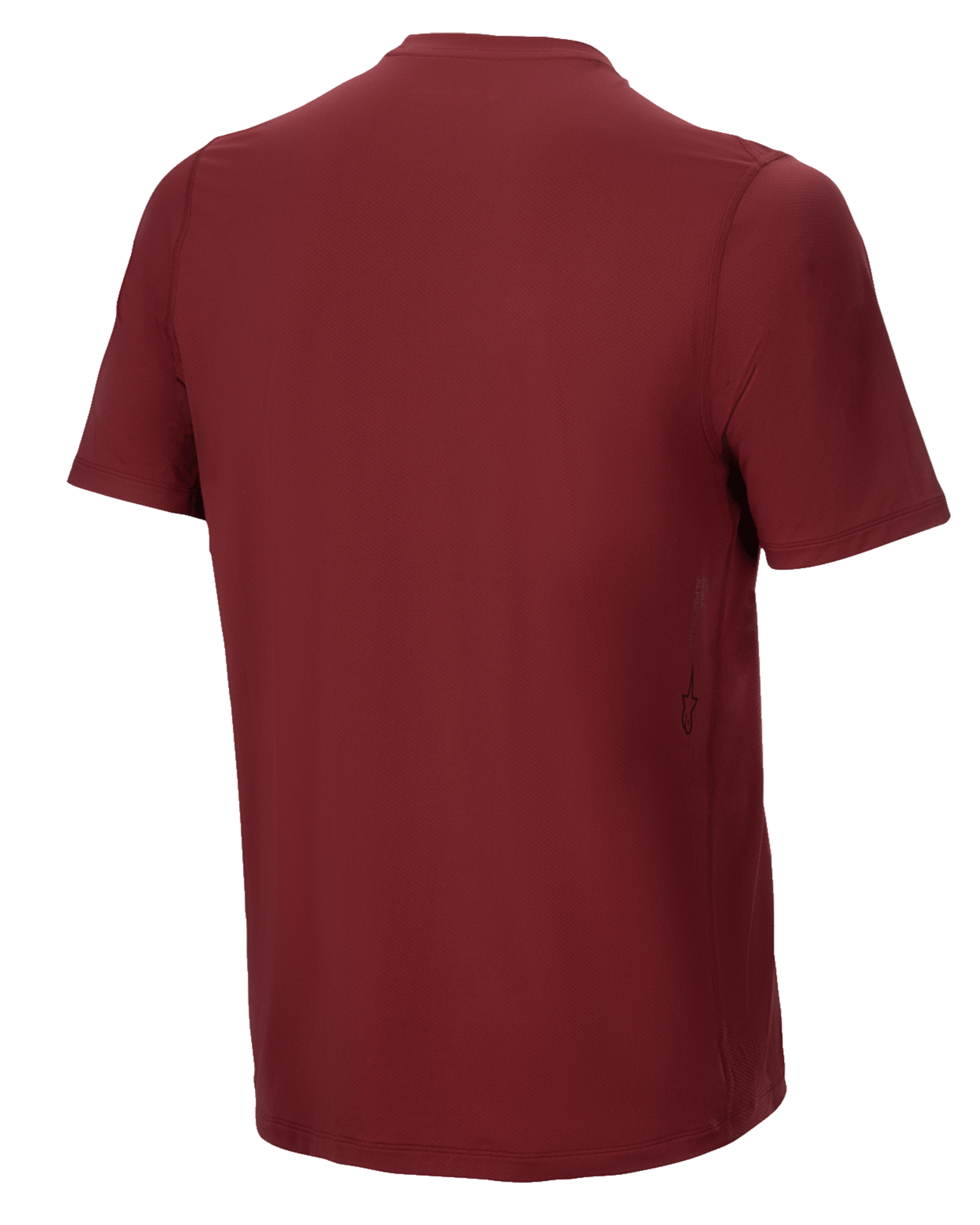 Alpinestars A-Dura Switch Short Sleeve Jersey, bordowa koszulka rowerowa, widok z tyłu, przedłużony tył i małe pionowe logo Alpinestars na dole z boku, odzież rowerowa MTB