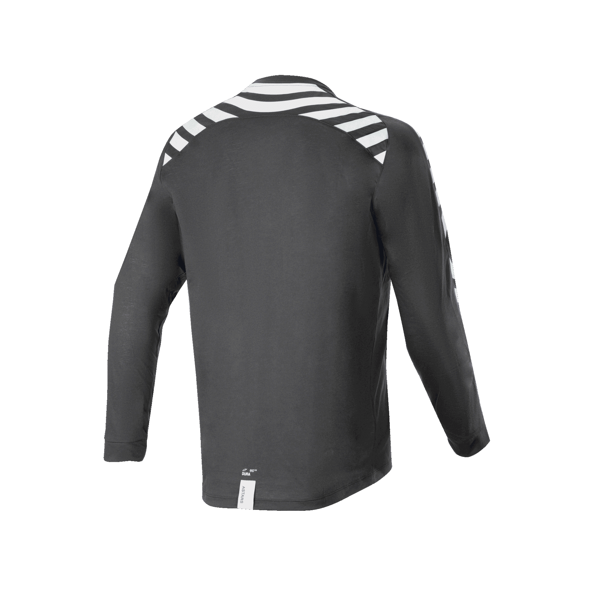 Alpinestars A-Dura Dri Oscar Long Sleeve Jersey, Black Reflective, widok z tyłu z białymi odblaskowymi paskami na ramionach i rękawach, techniczny materiał drirelease® z recyklingu, przedłużony tył do jazdy terenowej