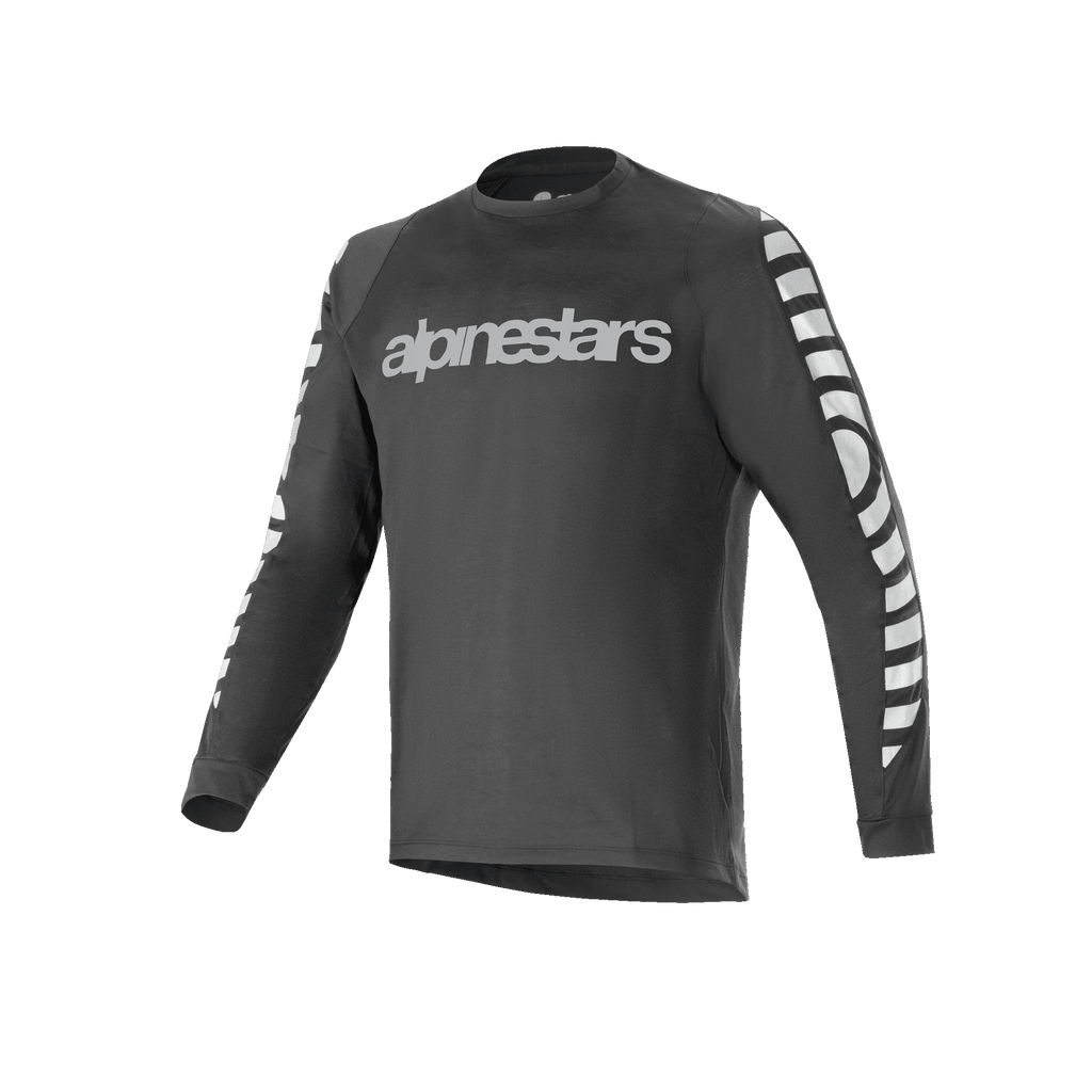 Alpinestars A-Dura Dri Oscar Long Sleeve Jersey, koszulka rowerowa, czarna odblaskowa, z dużym srebrnym odblaskowym logotypem na klatce piersiowej i wzorami graficznymi na rękawach, techniczna odzież MTB