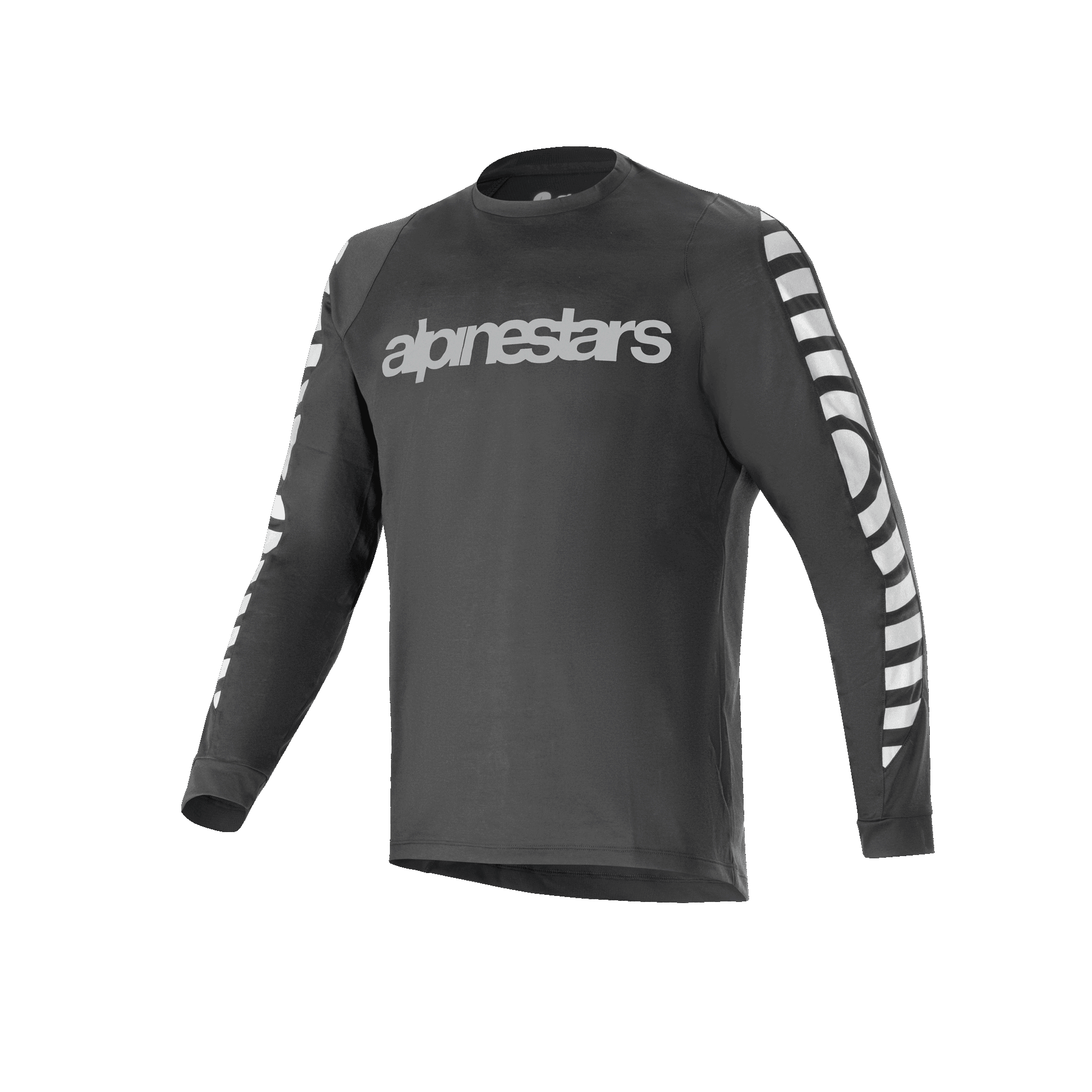 Alpinestars A-Dura Dri Oscar Long Sleeve Jersey, koszulka rowerowa, czarna odblaskowa, z dużym srebrnym odblaskowym logotypem na klatce piersiowej i wzorami graficznymi na rękawach, techniczna odzież MTB