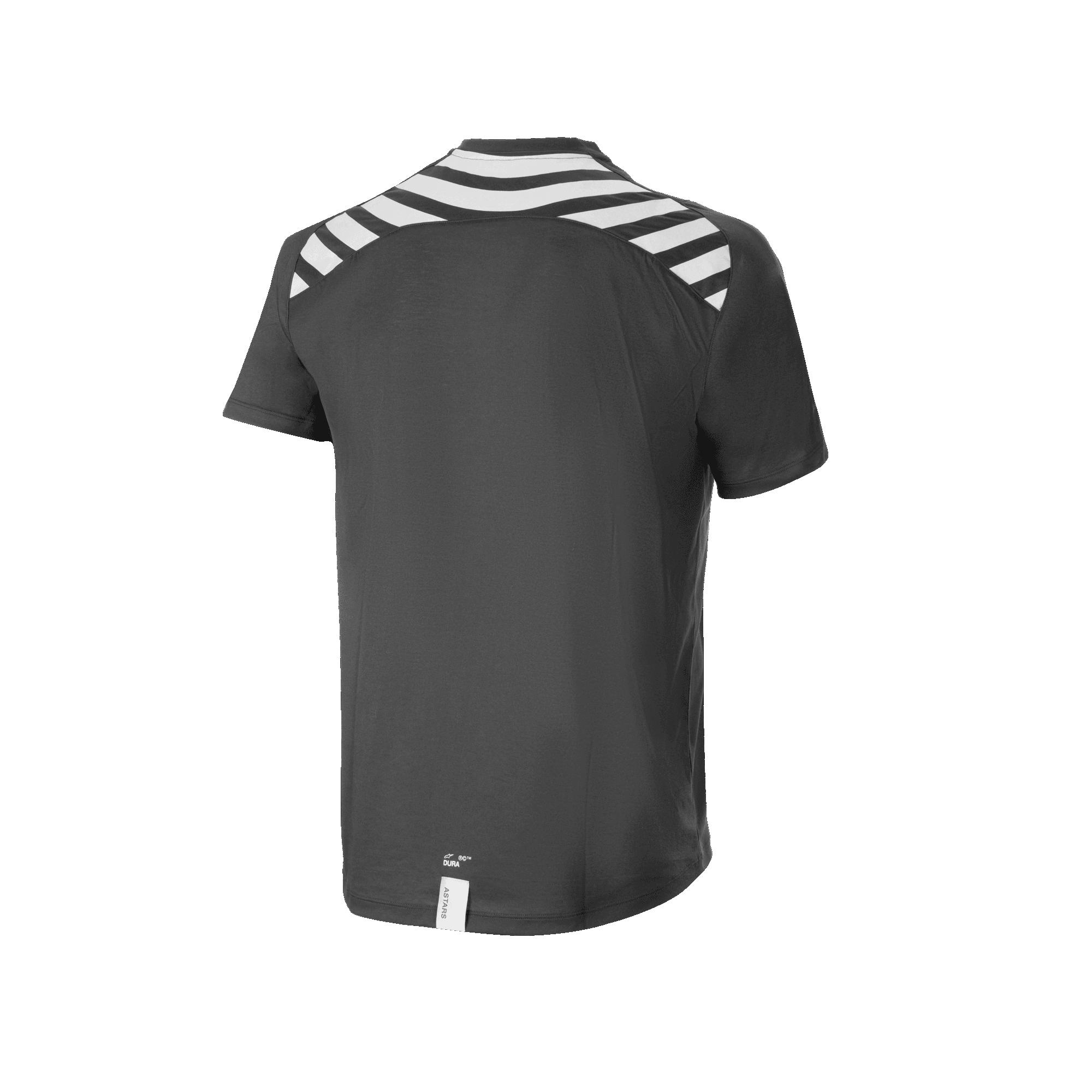 Alpinestars A-Dura Dri Oscar Short Sleeve Jersey, koszulka MTB, czarna odblaskowa, widok z tyłu z białymi ukośnymi pasami na ramionach i plecach, przedłużony tył dla lepszej osłony podczas jazdy