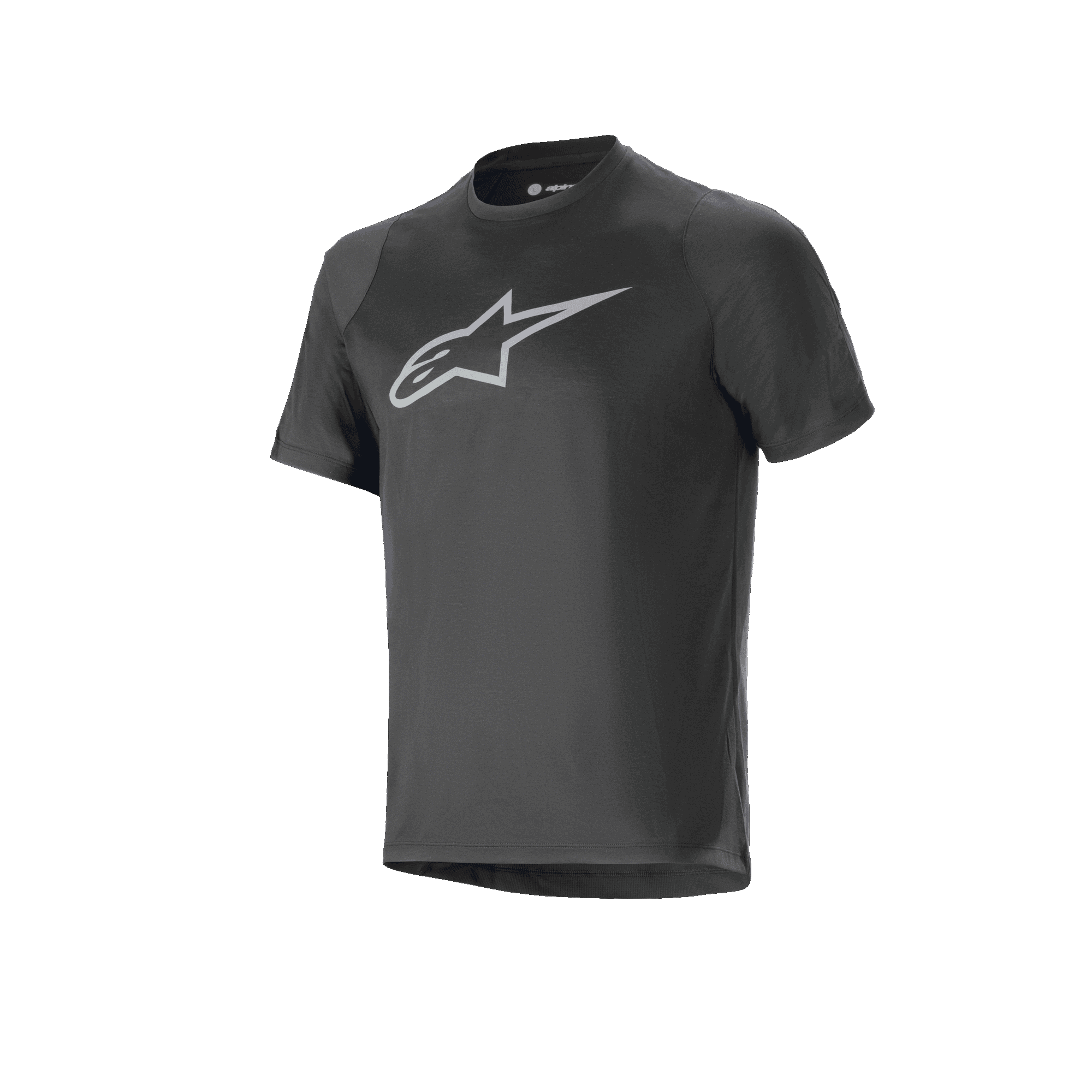 Alpinestars A-Dura Dri Oscar Jersey - Short Sleeve, techniczna koszulka rowerowa MTB, czarna odblaskowa, duże srebrne odblaskowe logo Alpinestars na klatce piersiowej, regularny krój