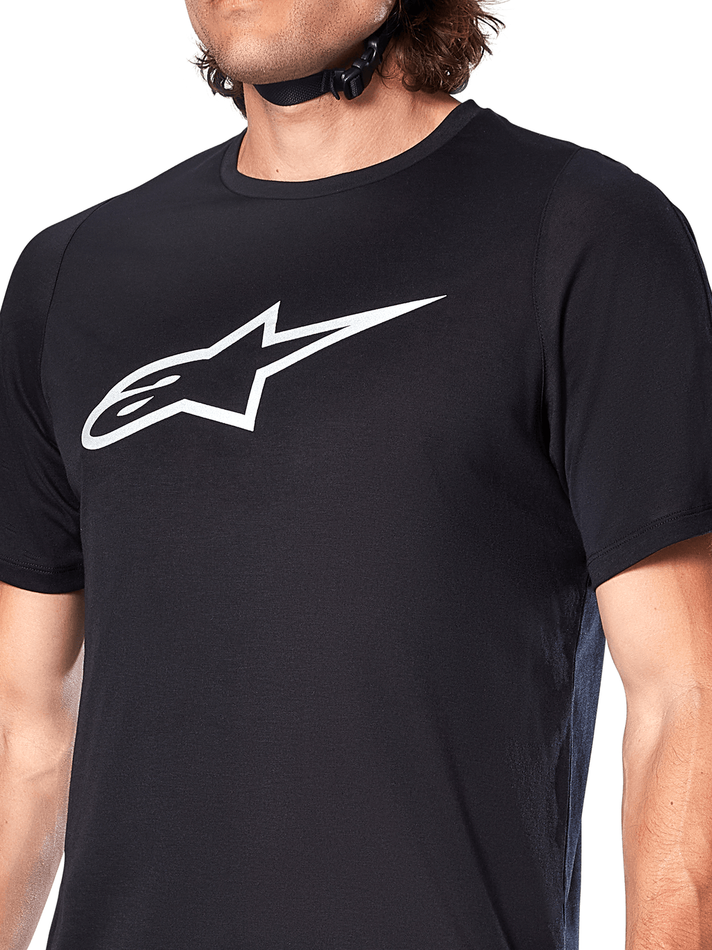Alpinestars A-Dura Dri Oscar Jersey, koszulka MTB z krótkim rękawem, czarna odblaskowa (Black Reflective), duże białe logo Alpinestars na klatce piersiowej, techniczny materiał odprowadzający wilgoć do jazdy na rowerze górskim