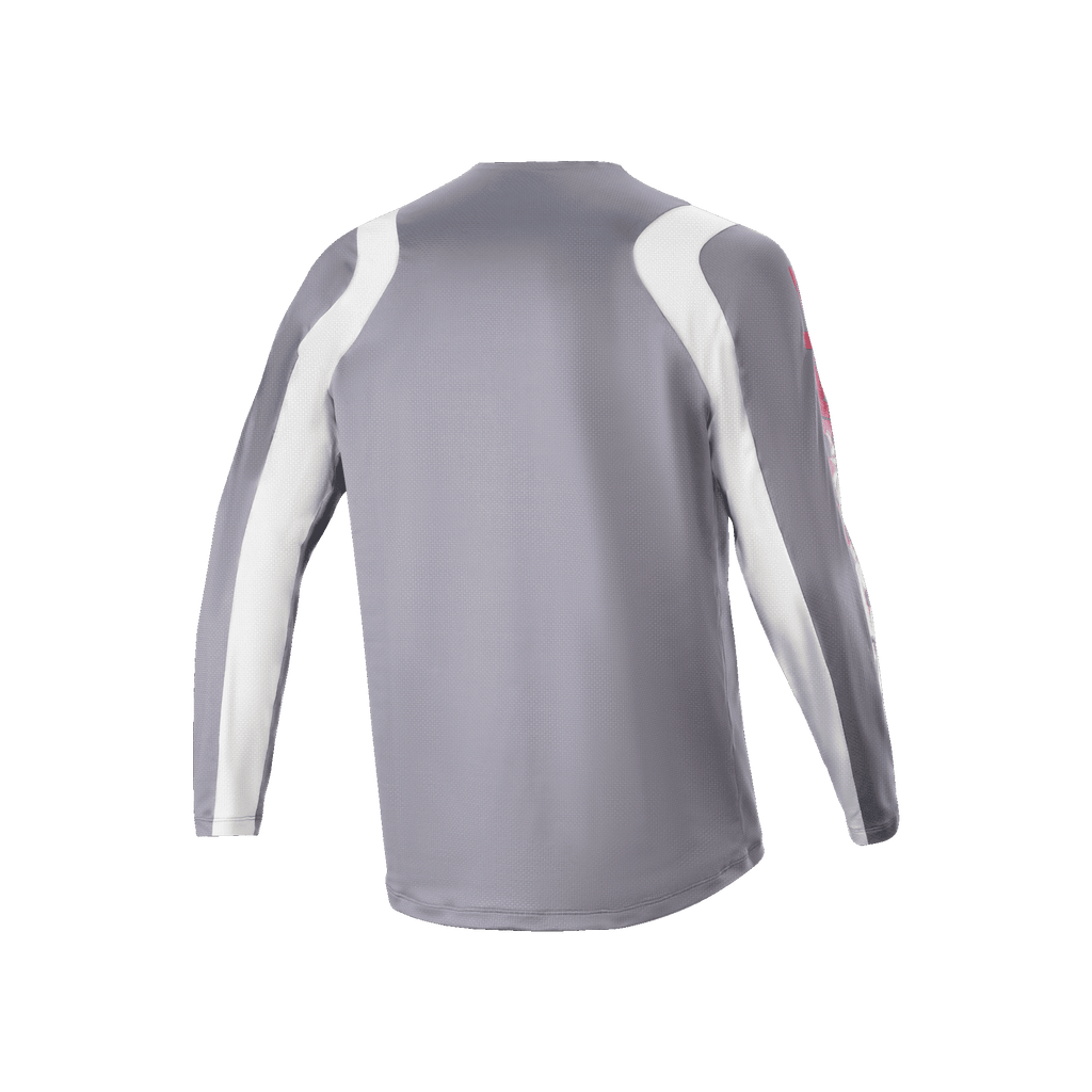 Alpinestars A-Supra Astar Long Sleeve Jersey, ciemnoszara i biała, widok z tyłu pokazujący wentylowaną strukturę siatki i wydłużony tył, profesjonalna odzież rowerowa do MTB