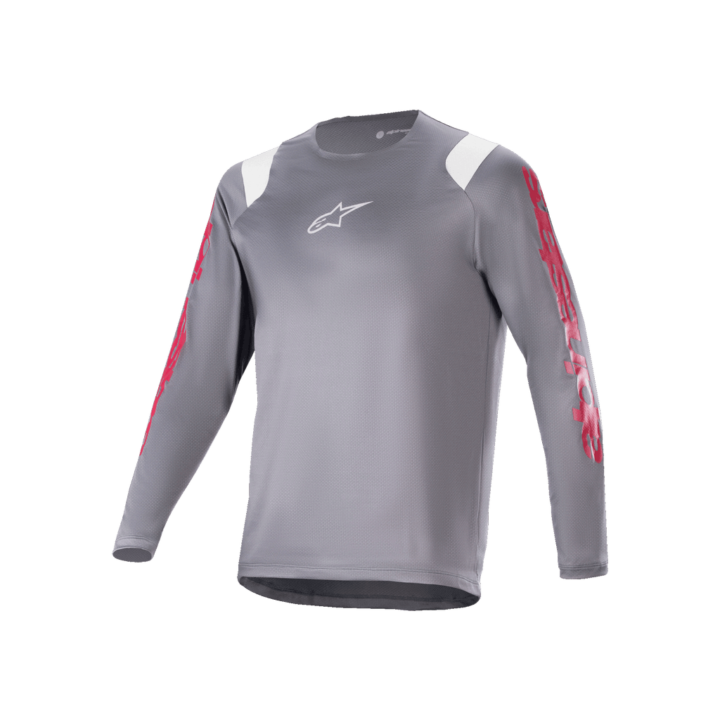 Koszulka Alpinestars A-Supra Astar z długim rękawem, ciemnoszara koszulka MTB z czerwonymi grafikami na rękawach i białymi akcentami na ramionach, białe logo Astars na piersi, wyczynowa odzież rowerowa do kolarstwa górskiego