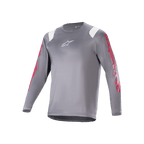 Koszulka Alpinestars A-Supra Astar z długim rękawem, ciemnoszara koszulka MTB z czerwonymi grafikami na rękawach i białymi akcentami na ramionach, białe logo Astars na piersi, wyczynowa odzież rowerowa do kolarstwa górskiego
