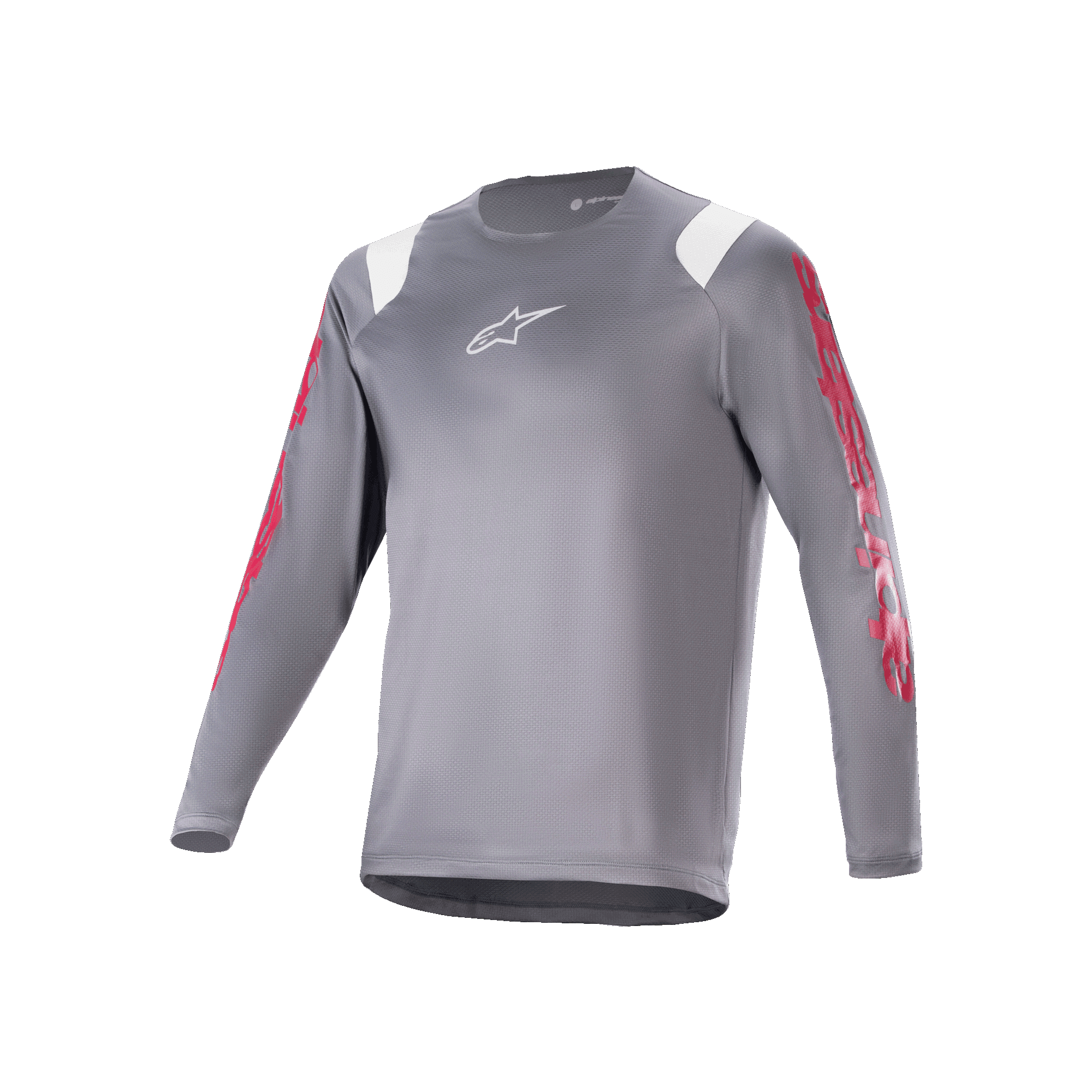 Koszulka Alpinestars A-Supra Astar z długim rękawem, ciemnoszara koszulka MTB z czerwonymi grafikami na rękawach i białymi akcentami na ramionach, białe logo Astars na piersi, wyczynowa odzież rowerowa do kolarstwa górskiego