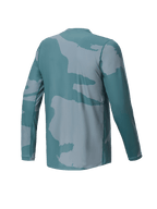 Alpinestars Youth A-Dura Hollow Camo Jersey, młodzieżowa koszulka MTB z długim rękawem, zielony kamuflaż Silver Pine, widok z tyłu z małym detalem logo i przedłużonym tyłem zapewniającym osłonę podczas jazdy