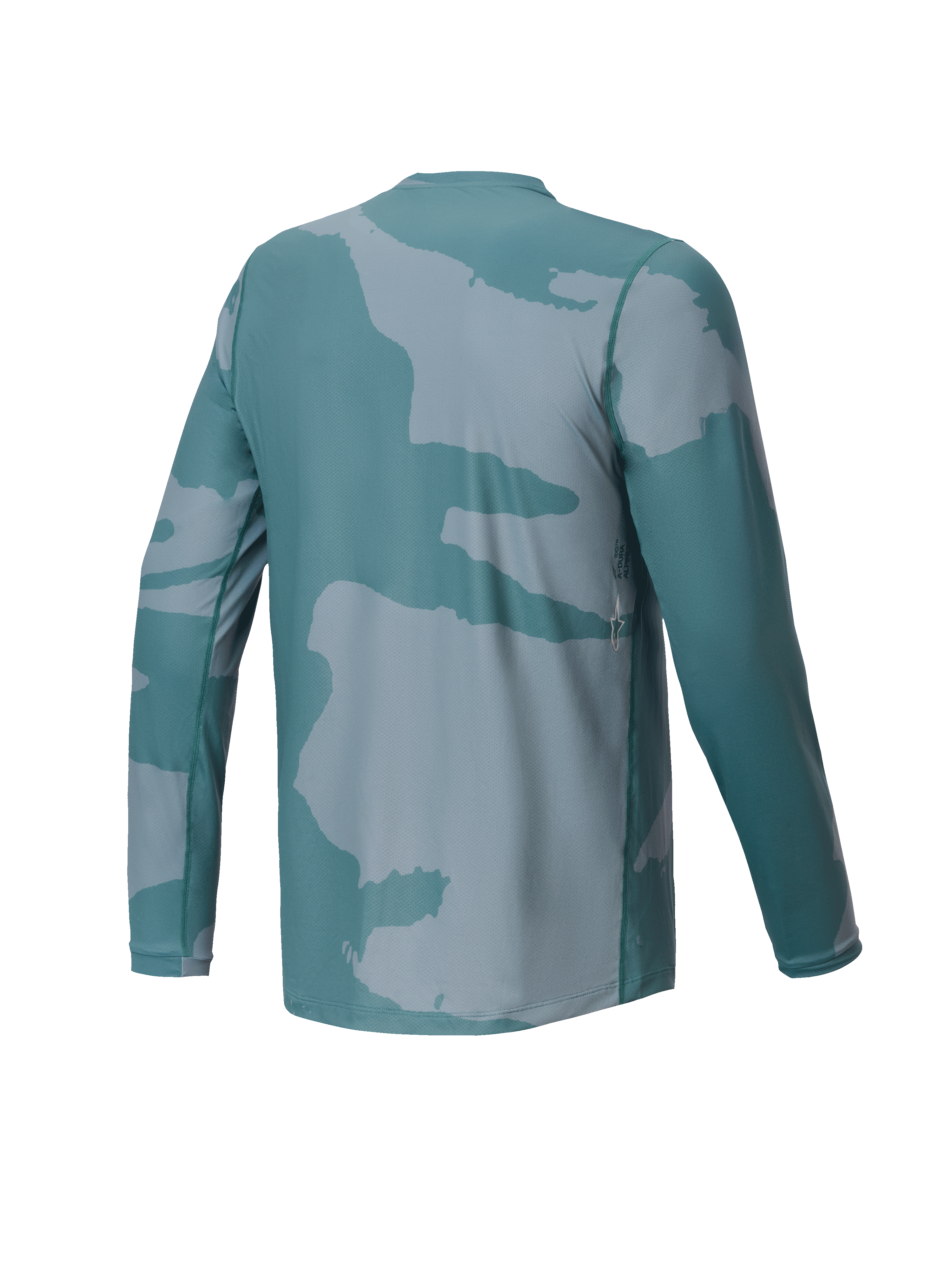 Alpinestars Youth A-Dura Hollow Camo Jersey, młodzieżowa koszulka MTB z długim rękawem, zielony kamuflaż Silver Pine, widok z tyłu z małym detalem logo i przedłużonym tyłem zapewniającym osłonę podczas jazdy