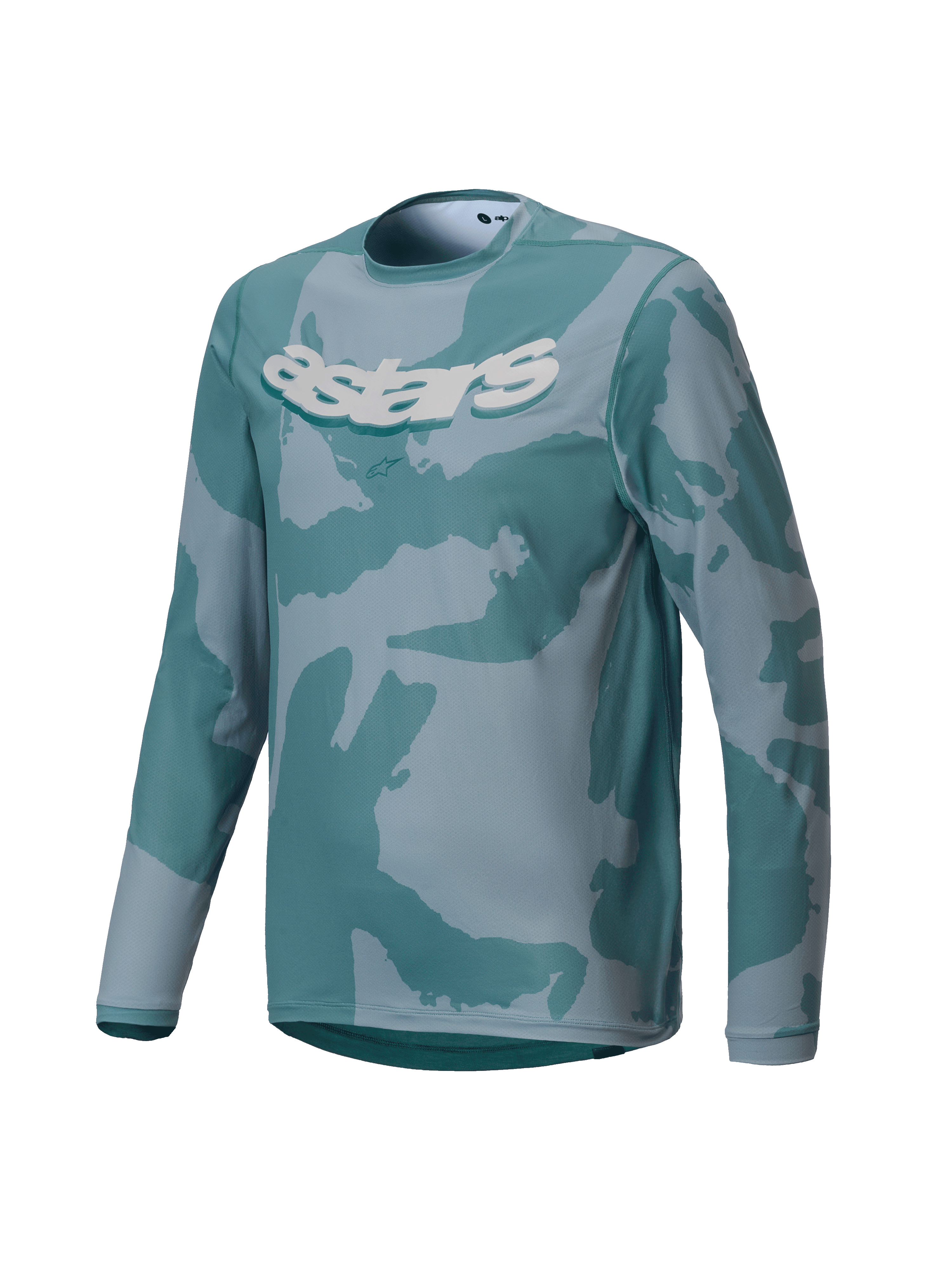 Alpinestars Youth A-Dura Hollow Camo Jersey, koszulka MTB z długim rękawem, kamuflaż Silver Pine z turkusowymi i szarymi wzorami, biała grafika astars na klatce piersiowej, funkcjonalny materiał do jazdy trailowej dla młodzieży