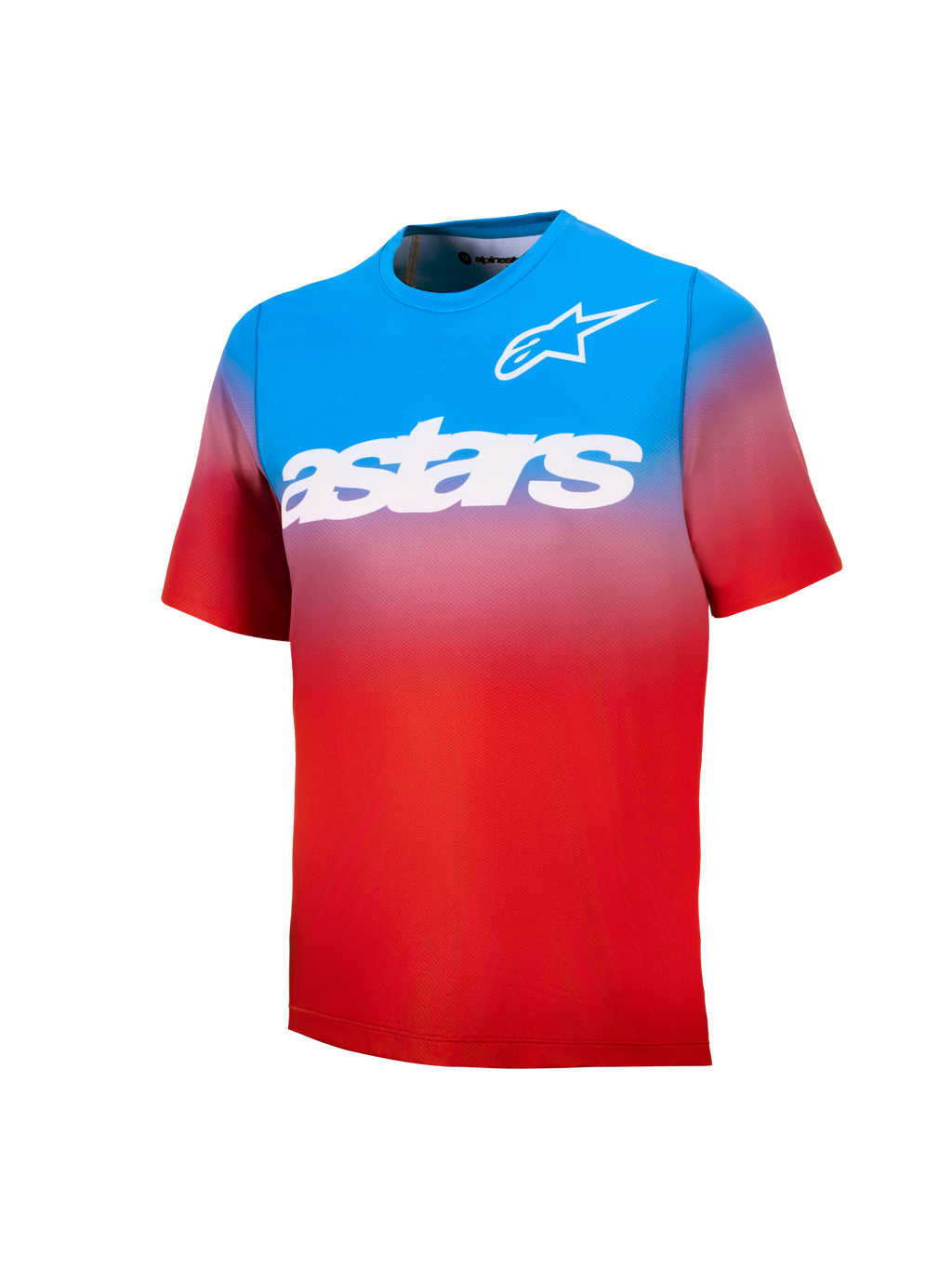 Młodzieżowa koszulka MTB A-Dura Astars 2.0, niebiesko-czerwony gradient, krótki rękaw, białe logo i napis na piersi.