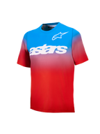 Młodzieżowa koszulka MTB A-Dura Astars 2.0, niebiesko-czerwony gradient, krótki rękaw, białe logo i napis na piersi.