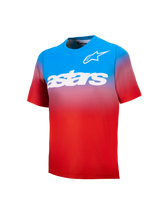 Młodzieżowa koszulka MTB A-Dura Astars 2.0, niebiesko-czerwony gradient, krótki rękaw, białe logo i napis na piersi.