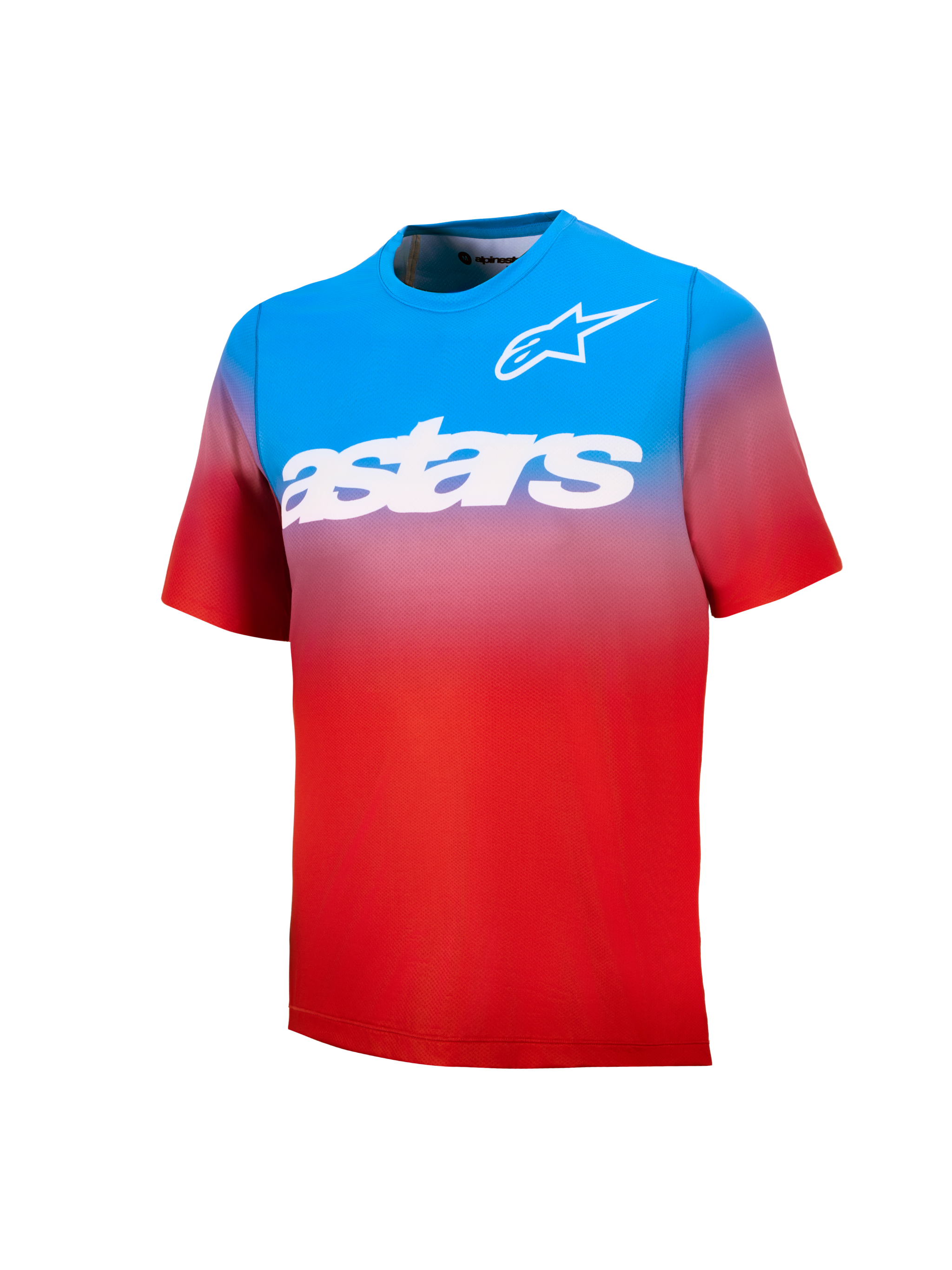 Młodzieżowa koszulka MTB A-Dura Astars 2.0, niebiesko-czerwony gradient, krótki rękaw, białe logo i napis na piersi.