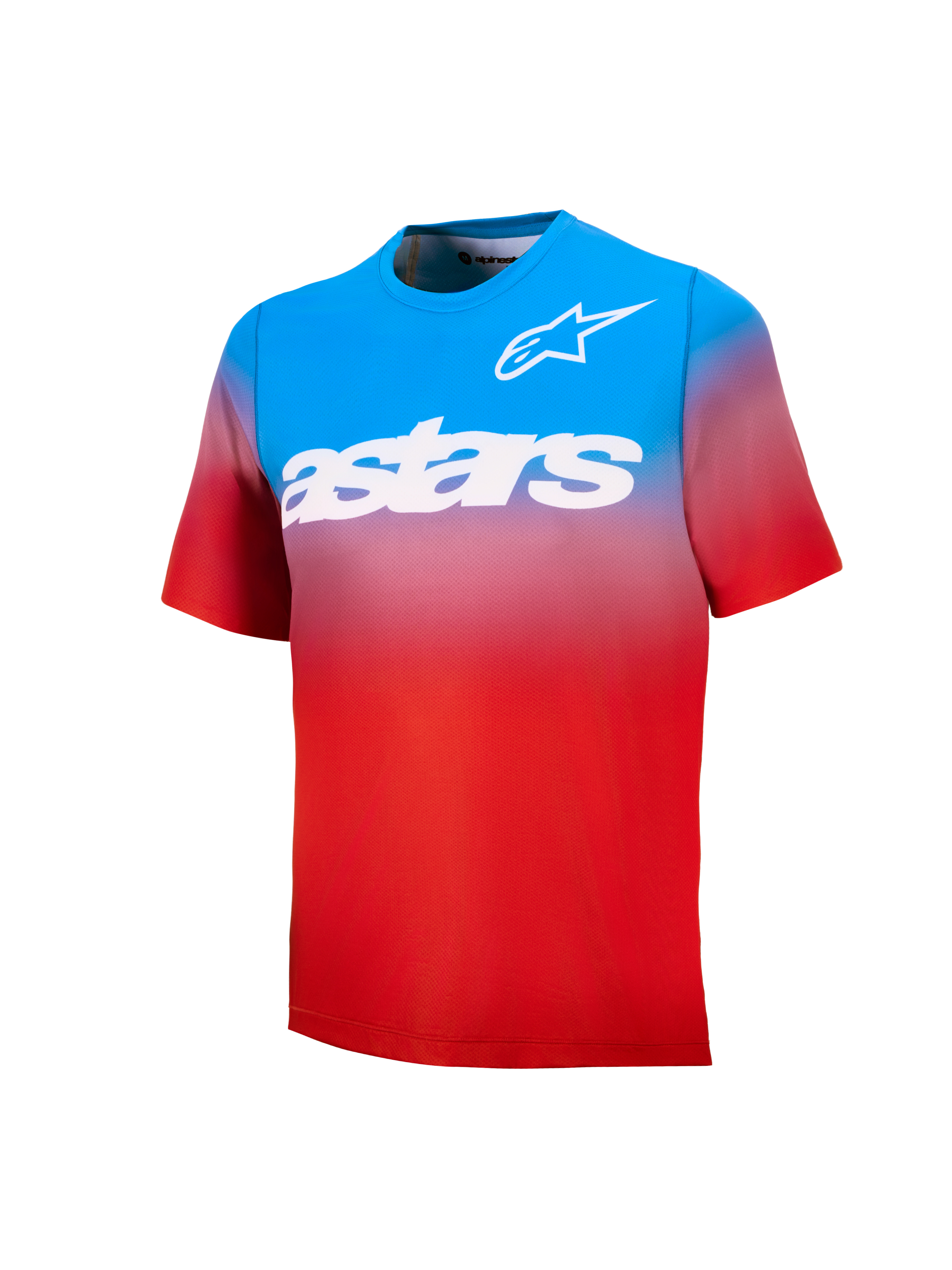 Młodzieżowa koszulka MTB A-Dura Astars 2.0, niebiesko-czerwony gradient, krótki rękaw, białe logo i napis na piersi.
